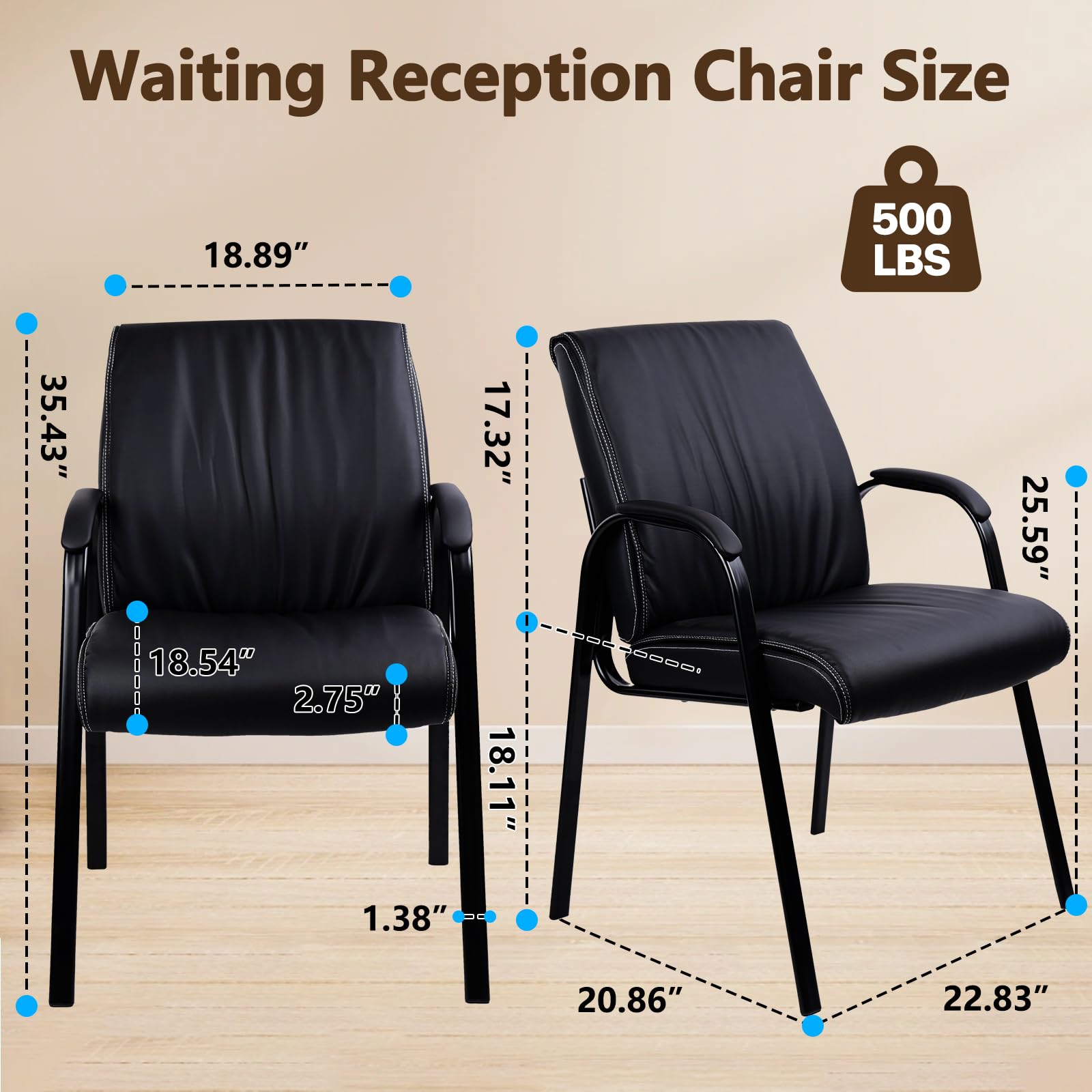 Clatina Big Tall Wide Office Guest Chair Heavy Duty 500lbs Leather Comfy Side Reception Chairs with Arms No Wheels, Executive Bariatric Lobby