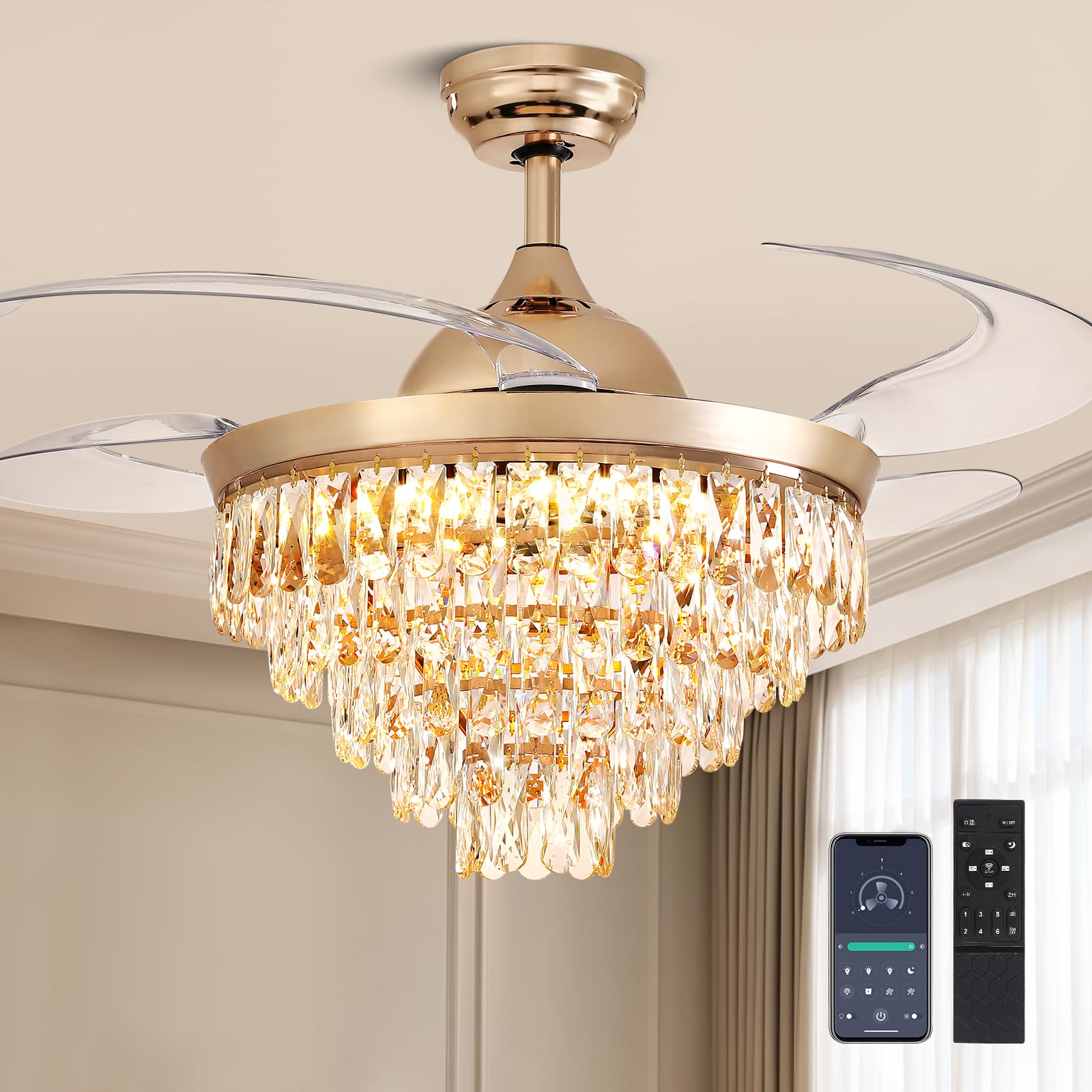 48" Crystal Ceiling Fans with Lights and Remote, Dimmable, 6 Speeds, Luxury Chandelier Fan Rose Gold Crystal Fandelier for Dining Room Living Room Bedroom