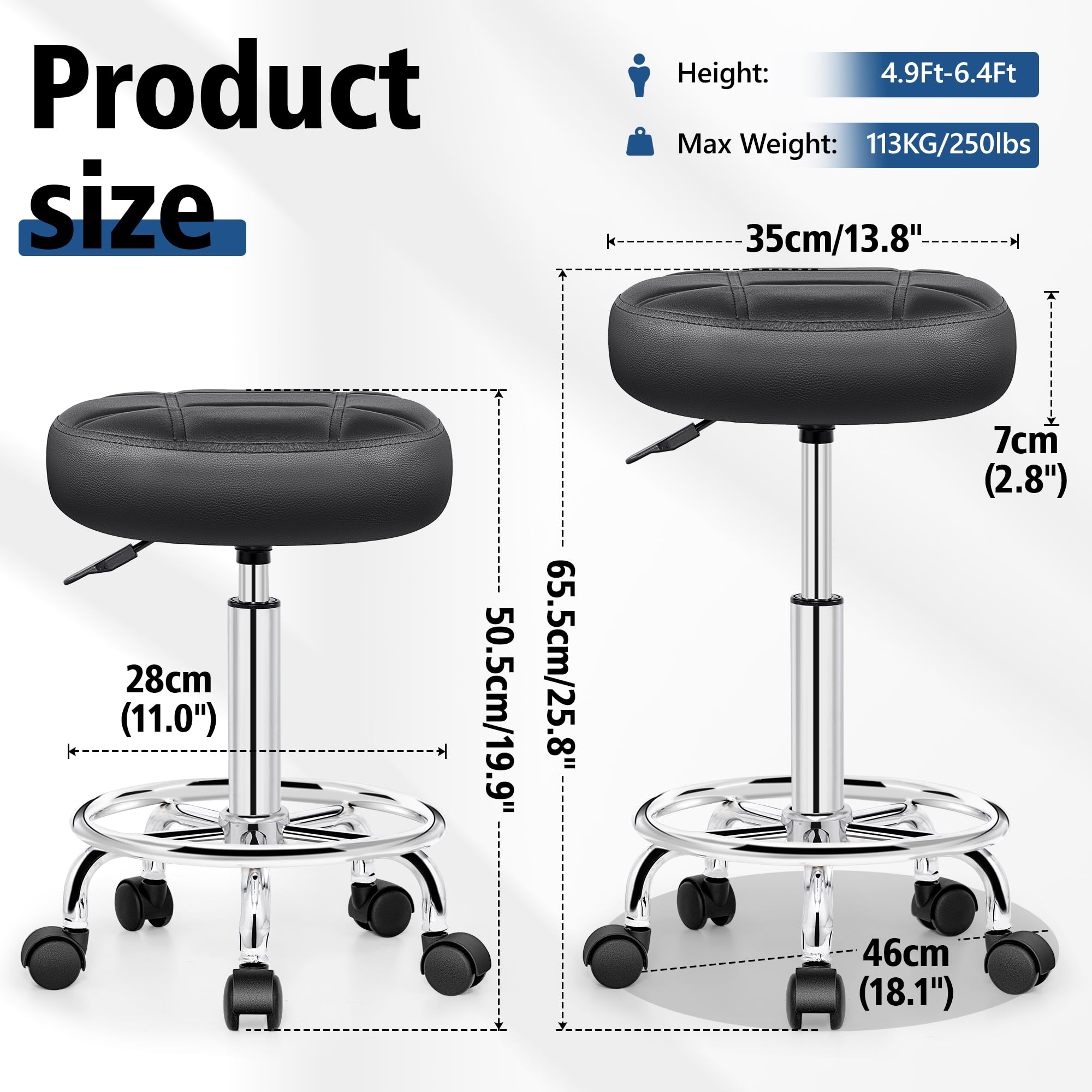 Brick Attic Rolling Stool with Wheels, Pu Leather Small Office Chair with Foot Rest,versatile Adjustable Swivel Stool for Tattoo Massage Salon