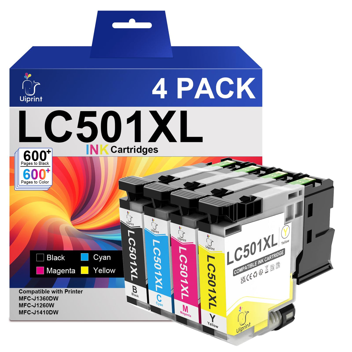 LC501XL Ink Cartridges for Brother Printer MFC-J1360DW MFC-J1410DW | Compatible with Brother LC501 LC501XL Series Ink LC501XL4PK 4-Pack High Yield (LC501XLBK?600 Pages, LC501XLC/M/Y?600 Pages)