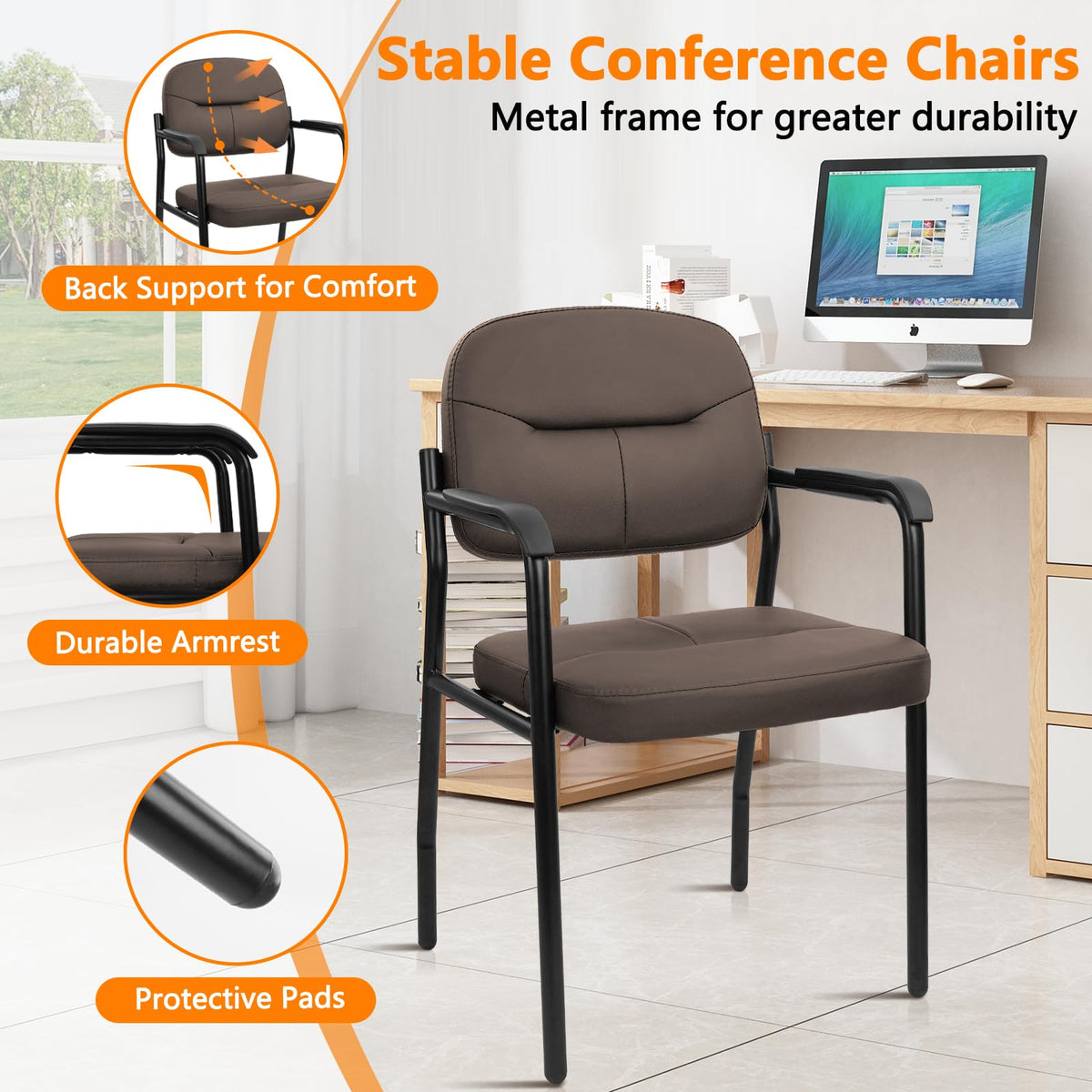 Clatina Leather Guest Chair Sets of 4, Office Reception Chair No Wheels with Armrests and Lumber Support, Ergonomic Desk Armchair for Meeting