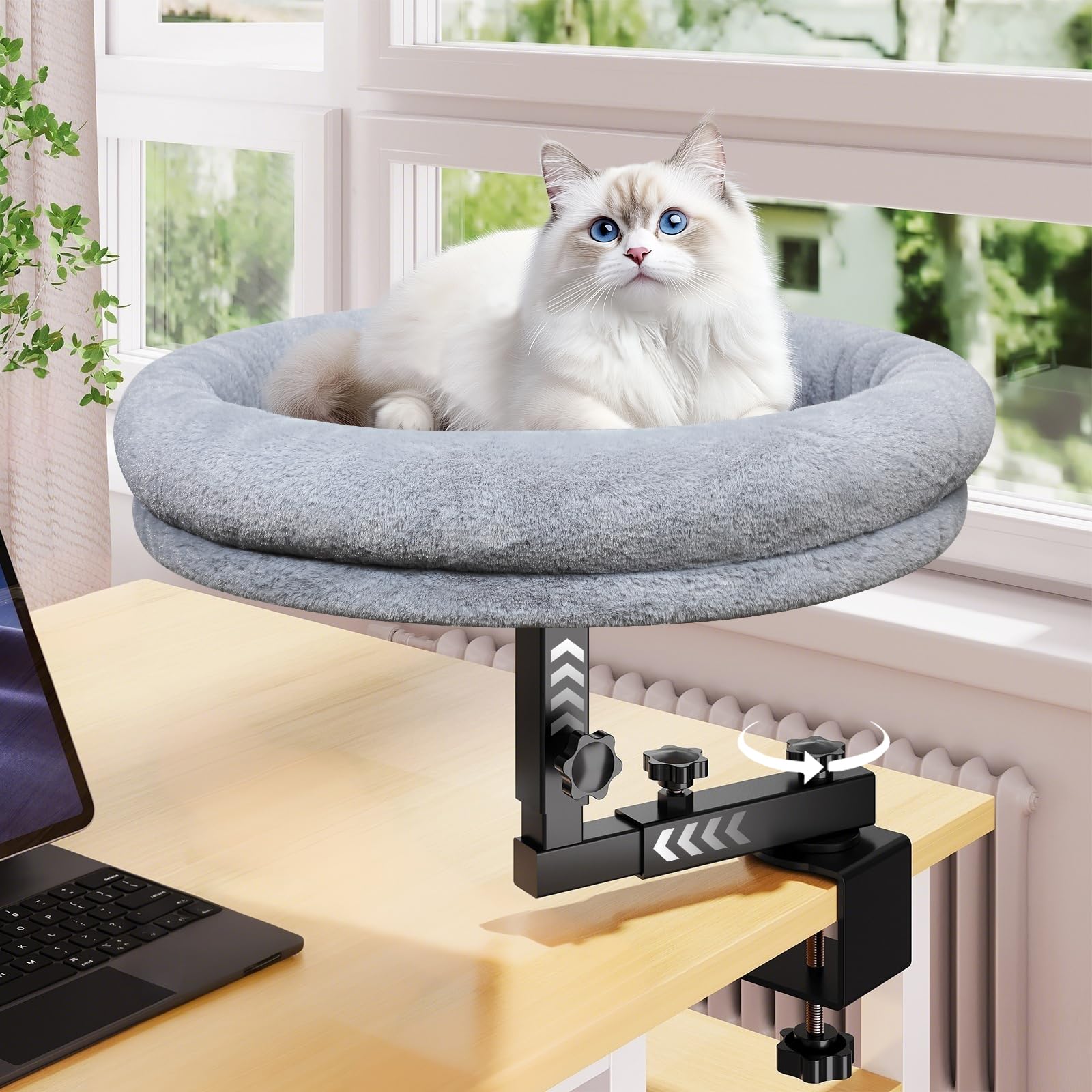 Large Cat Desk Bed, 360°Rotating & Adjustable Shelf, 18" Thickening Cat Bed for Desk, Soft Faux Fur with Mat, Suitable for Various Desktops - Maximum Hold Up to 50lb (Dark Gray)