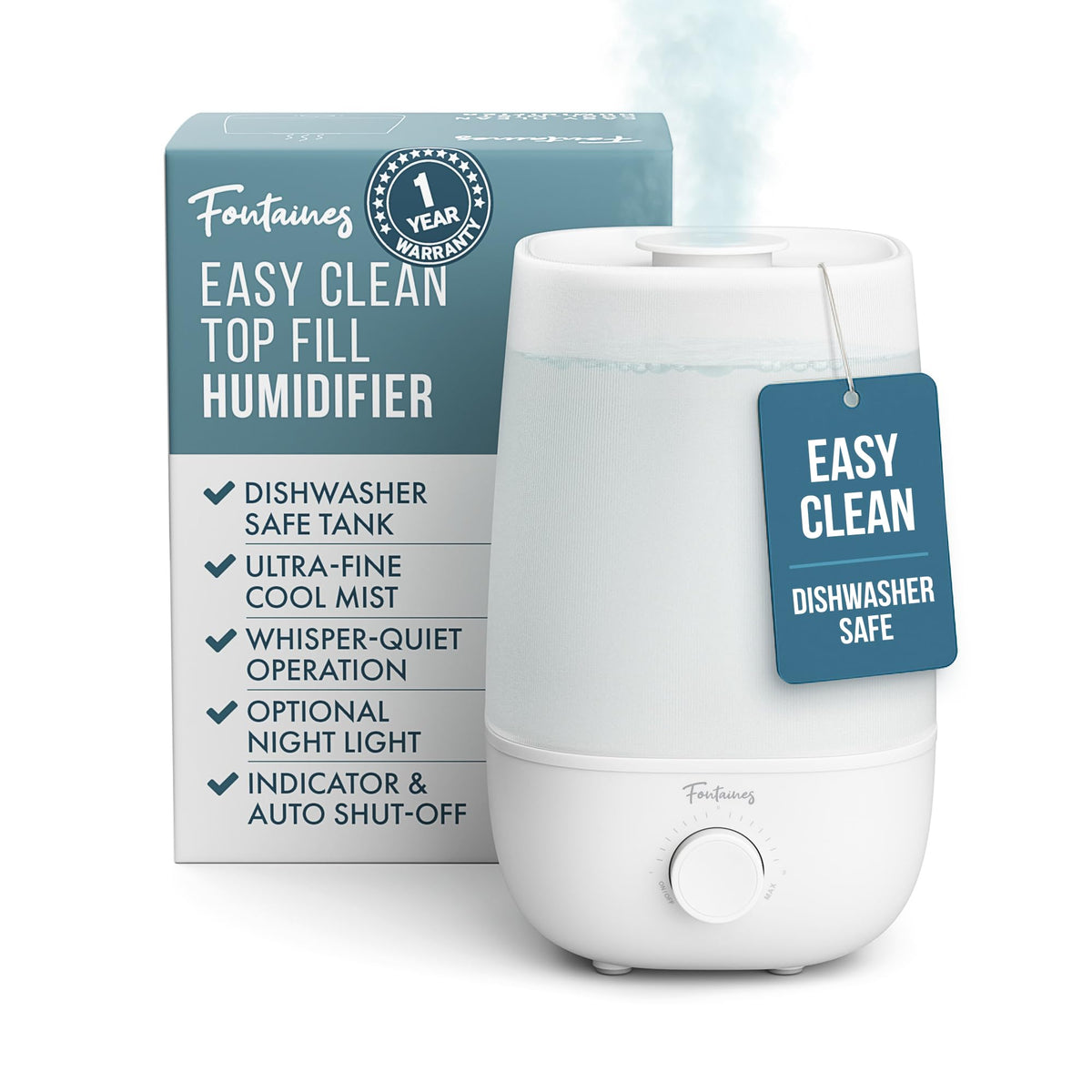 Fontaines Luxury Top-Fill Humidifiers for Bedroom, Cool Mist 360° Ultra-Fine Spray, Whisper-Quiet, Dishwasher-Safe Tank, Nightlight & Auto Shut-Off, Easy Clean Baby Nursery
