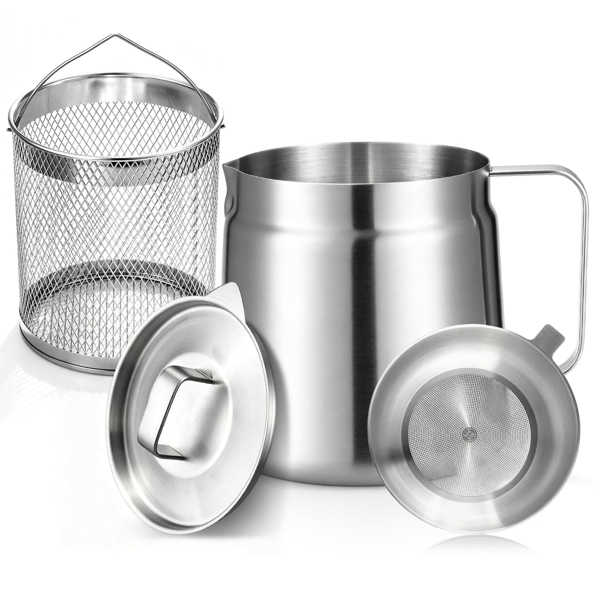 68oz Mini Deep Fryer Pot, Premium 304 Stainless Steel with Frying Basket & Strainer, Multi-Use Bacon Grease Container, Lightweight Portable for Kitchen, Camping & RV, Dishwasher Safe
