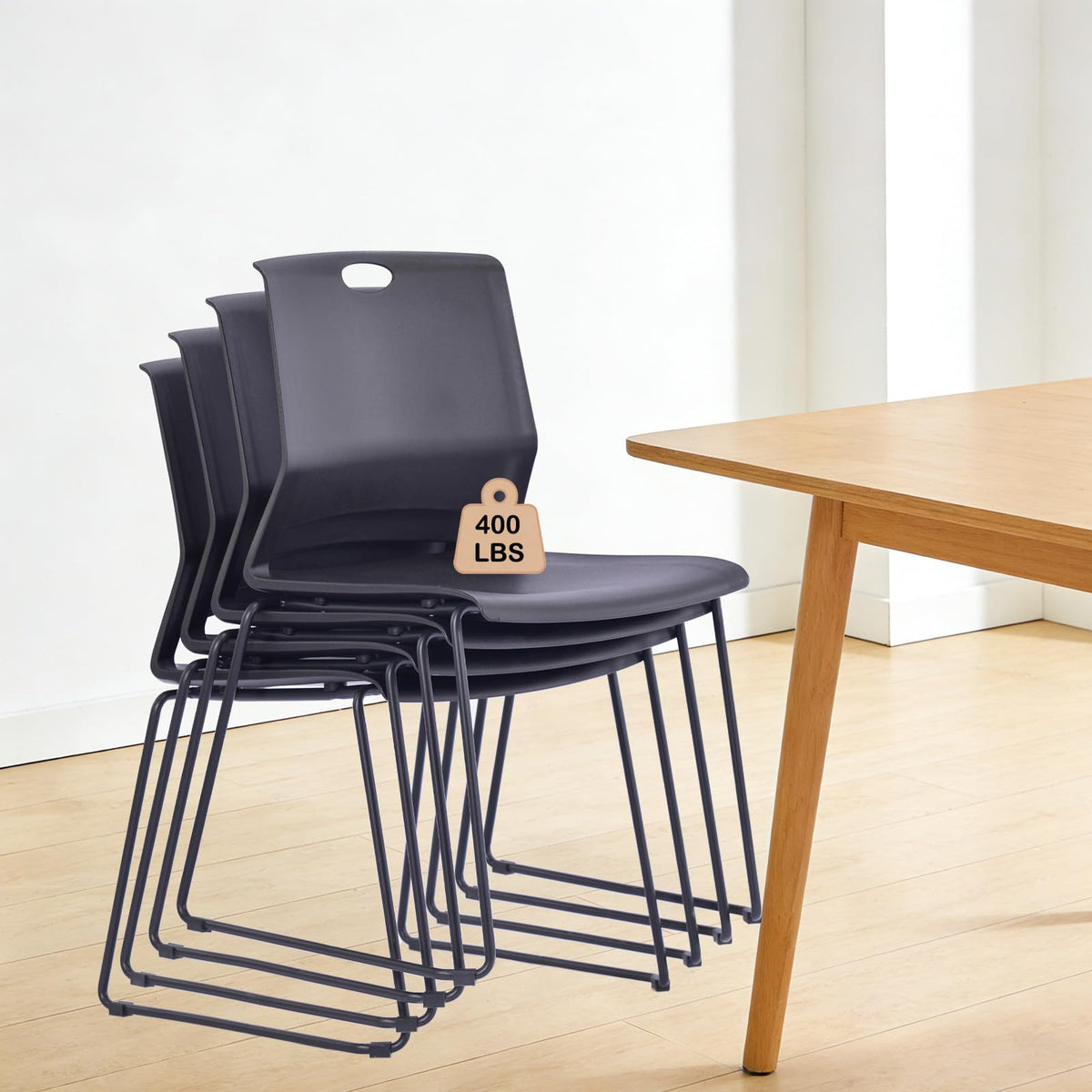 Black Plastic Stackable Chairs Set of 4 for Waiting Room Conference Church