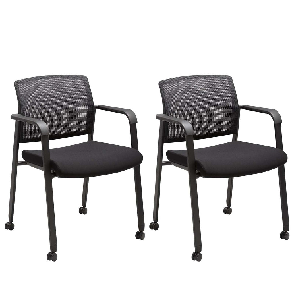 Clatina Black Waiting Room Chair with Wheels Mesh Back Stacking Arm Chairs with Upholstered Fabric Seat and Ergonomic Lumbar Support for Office