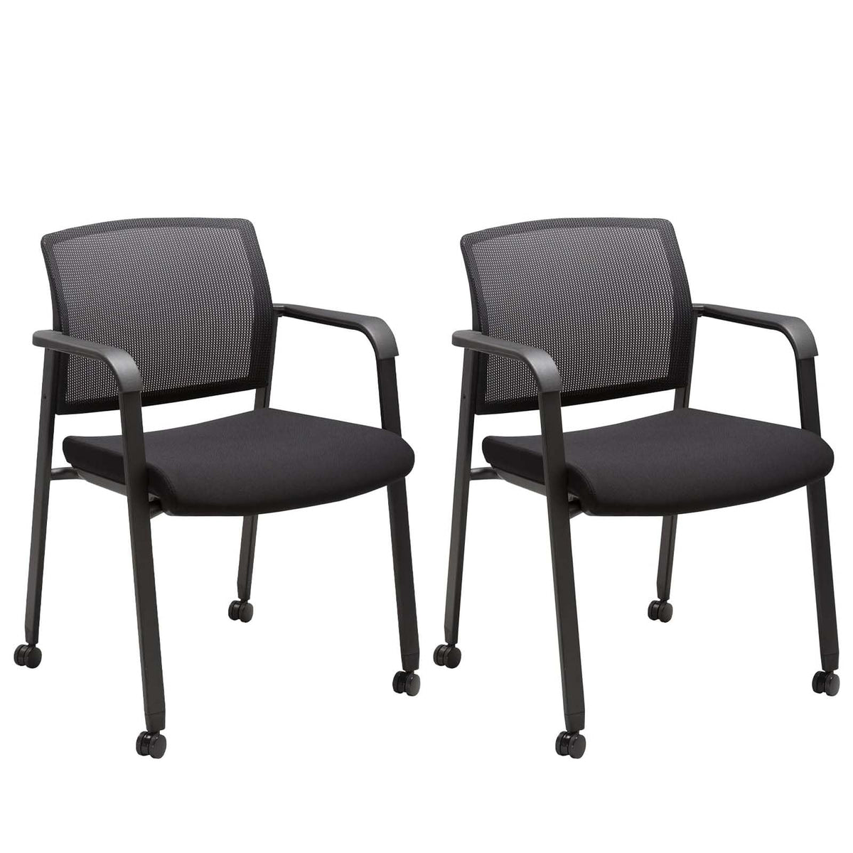 Clatina Black Waiting Room Chair with Wheels Mesh Back Stacking Arm Chairs with Upholstered Fabric Seat and Ergonomic Lumbar Support for Office