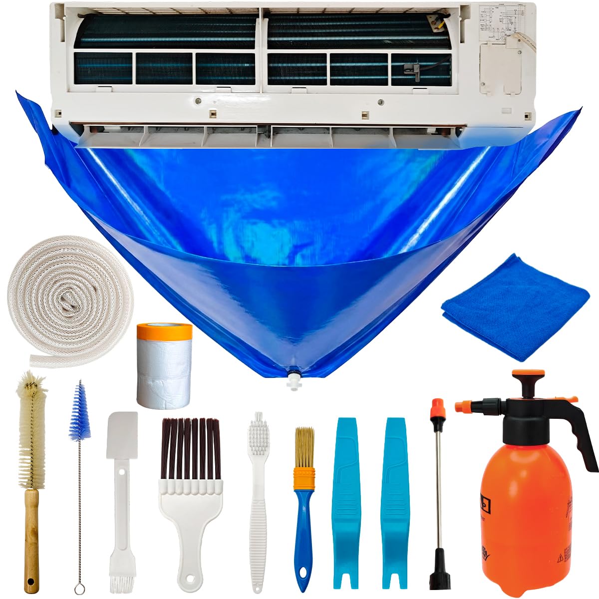 Piemow Mini Split Cleaning Kit - 14 Pcs Air Conditioner Cleaning Accessories, AC Flush Kit Includes 2L High Pressure Sprayer, Split Clean Bag, Drain Hose, Brush and More