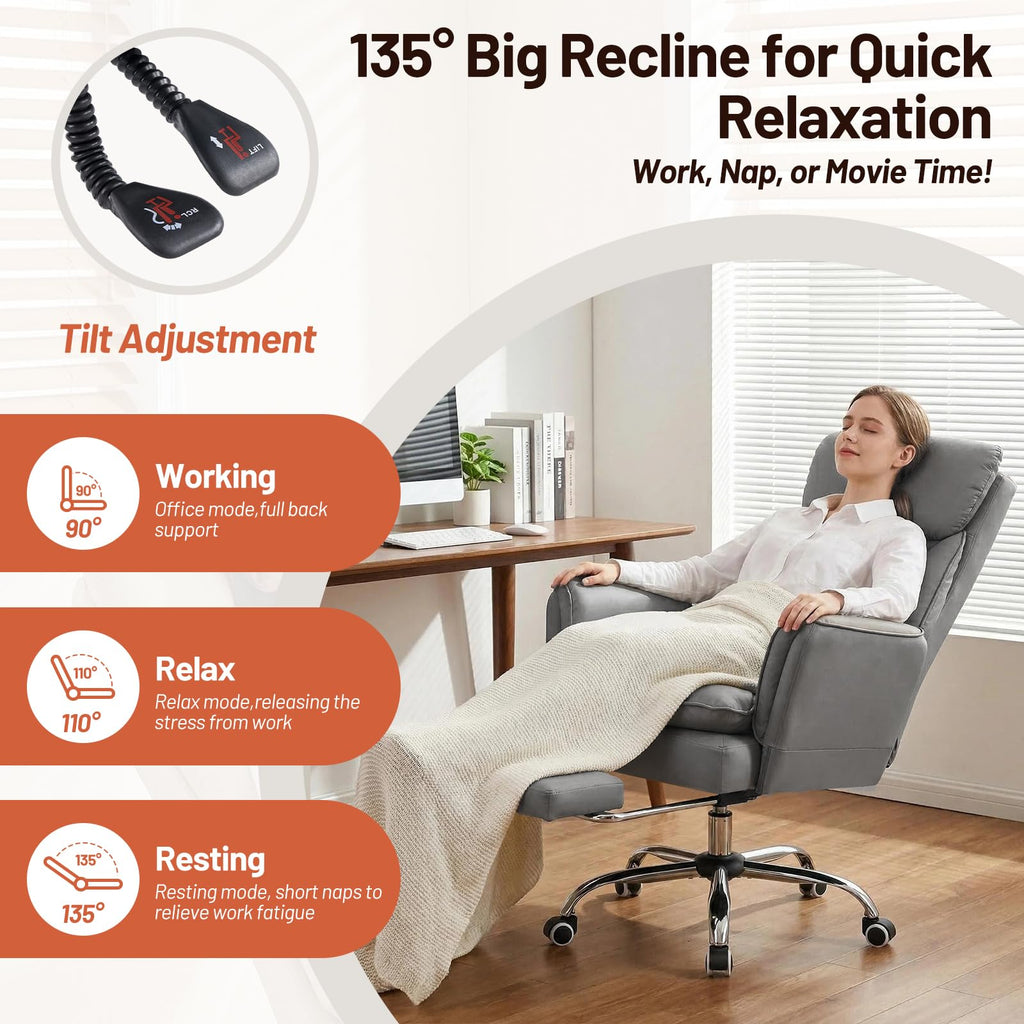 Furniliving Big and Tall Office Chair, Executive Reclining Computer Gaming Chair with Foot Rest, Flip Armrest & Lumbar Pillow, Thicken Wider