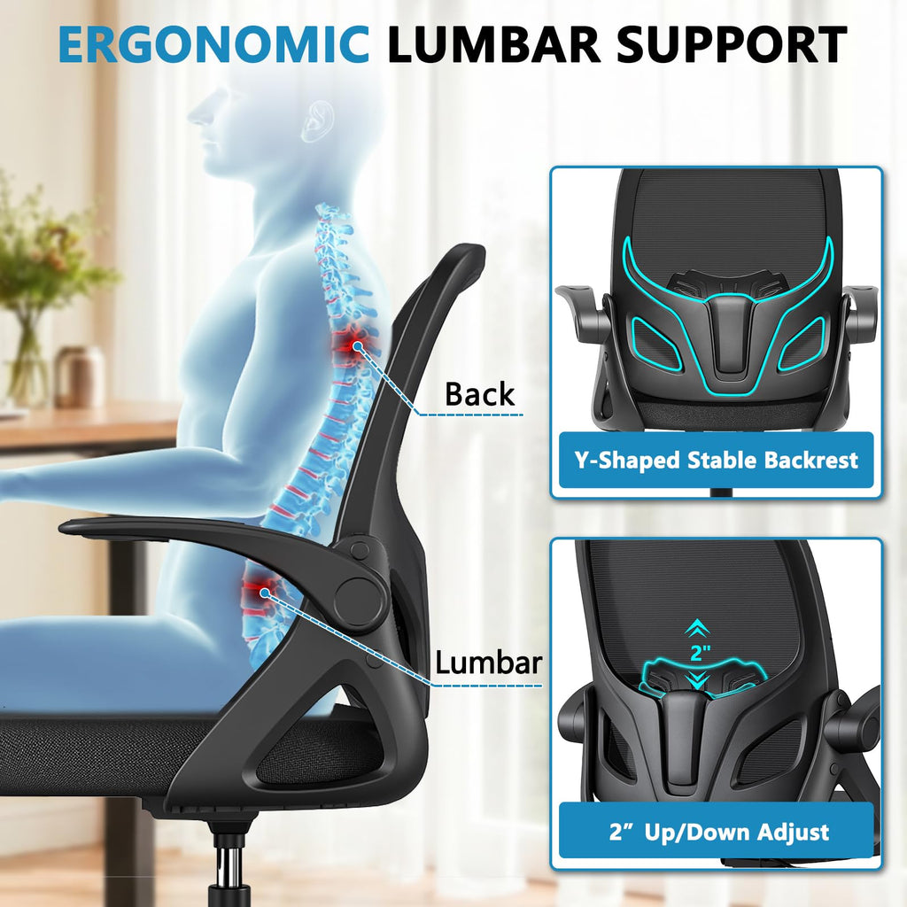 Kensaker Home Desk Chair with Back Supportive Lumbar Support, Breathable Double Mesh Cushion Home Desk Office Chair with Flip Up Arms, Modern