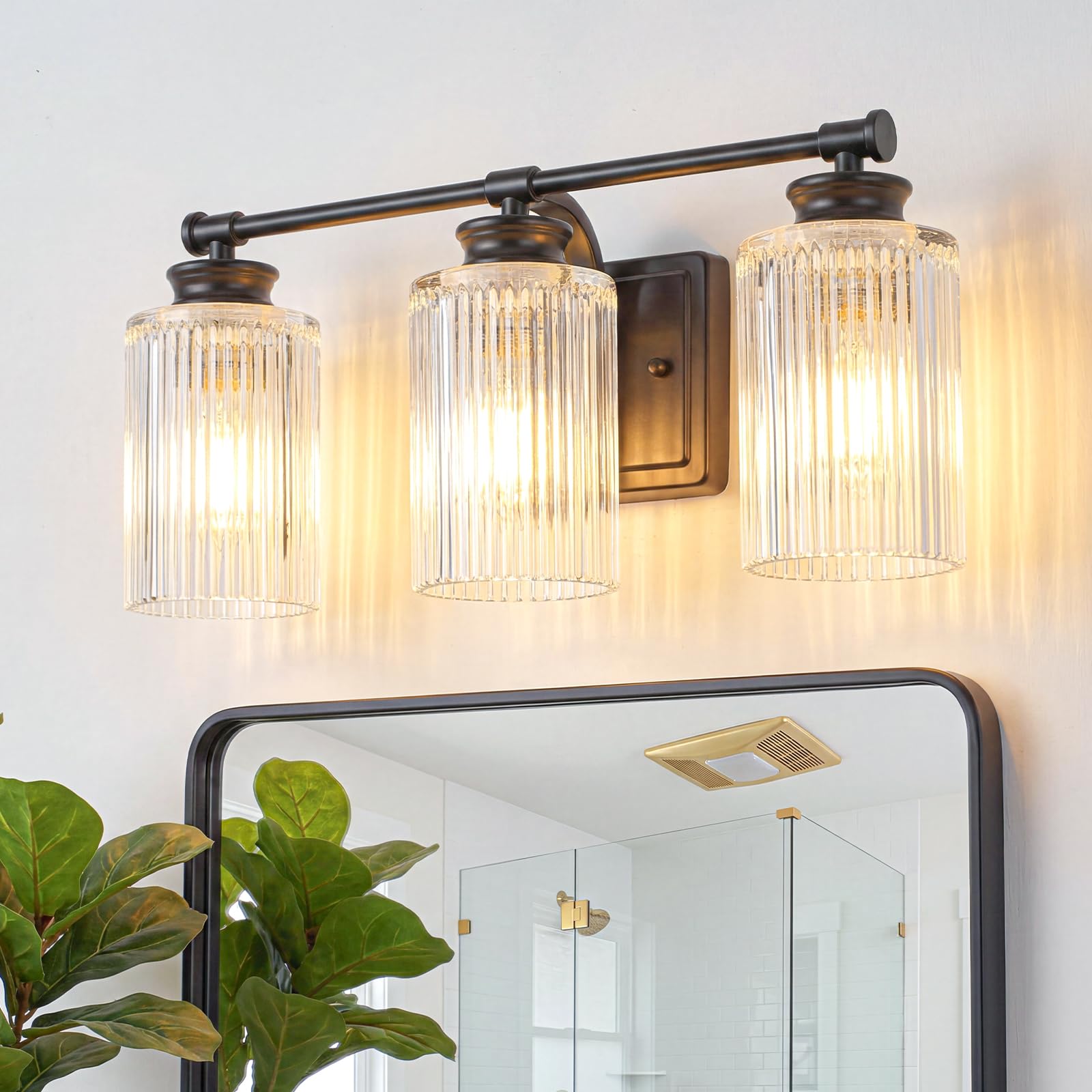 Matte Black Bathroom Vanity Light Fixtures, 3-Light Vanity Lights Modern Wall Sconce with Ribbed Clear Glass Shade, 18 Inch Bathroom Wall Lamp for Mirror,Living Room, Hallway, Cabinet, Porch