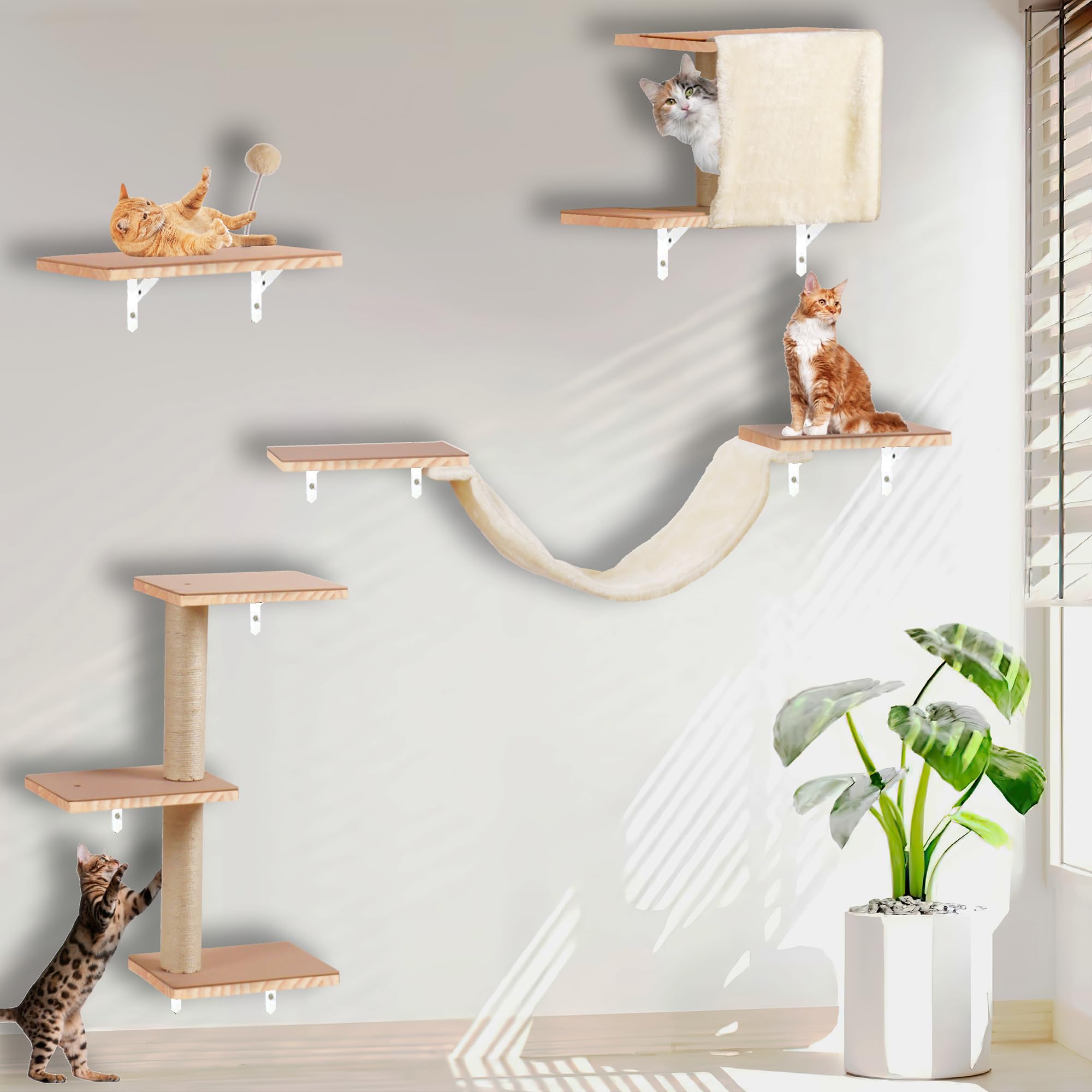 Cat Shelves for Wall?Solid Wood Cat Wall Furniture with Scratching Post,Hammock,Jumping Boards,Steps,Condo and Felt Pads, Suit for Cats Climb, Jump, Nap, Scratch-Beige