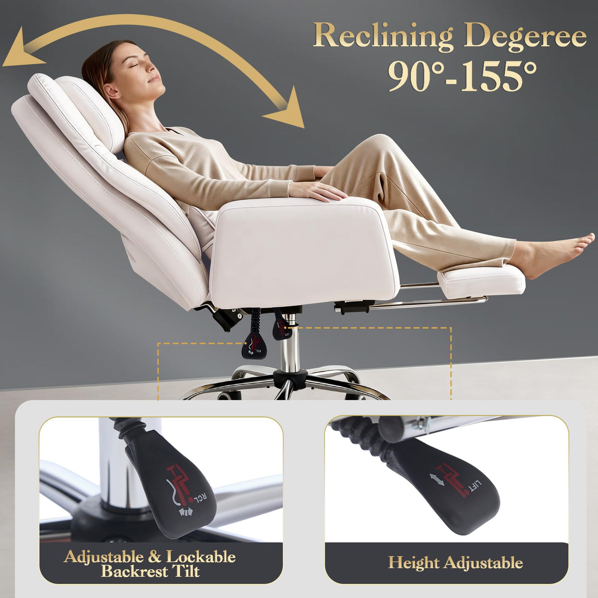 Forveolux High Back Criss Cross Office Chair with Foot Rest & Flip Armrests, Beige