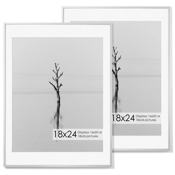 Fun Memories 18x24 Aluminum Poster Frame, 18 x 24 inch Metal Picture Frames with Real Glass Front, Displays 16x20 Photos with Mat or 18x24 Images without Mat - Sliver - Set of 2