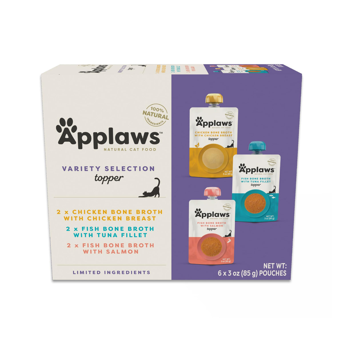 Applaws Natural Bone Broth Wet Cat Food Topper, Limited Ingredient Broth for Cats, Protein Wet Food Topper for Cats, Fish and Chicken Variety Pack(6 x 3oz Spout Pouches)