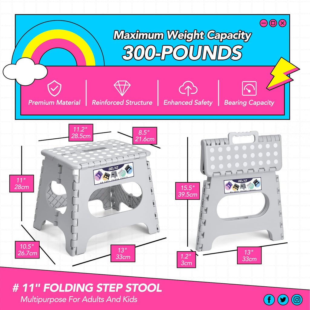 Delxo Folding Step Stool 11 Inch,300 Lbs Step Stool for Kids & Adults Grey, Gray