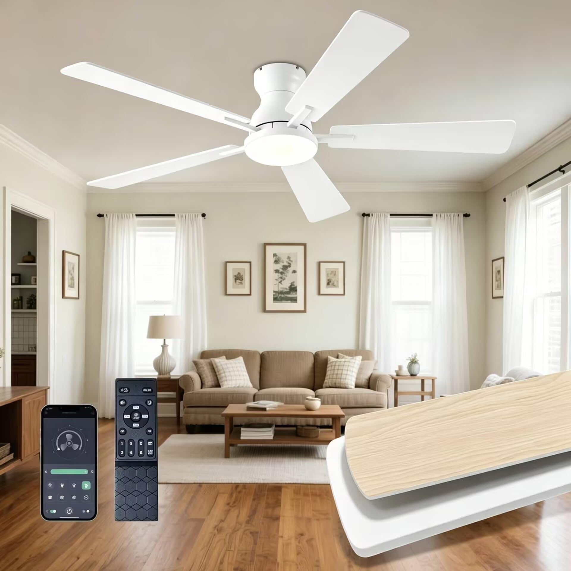 FUMLTP Ceiling Fans with Lights, 52Inch Low Profile Ceiling Fan with Light and Remote Control, Dimmable, Reversible DC Motor, Noiseless, 6 Speeds, Flush Mount White Ceiling Fan for Livingroom