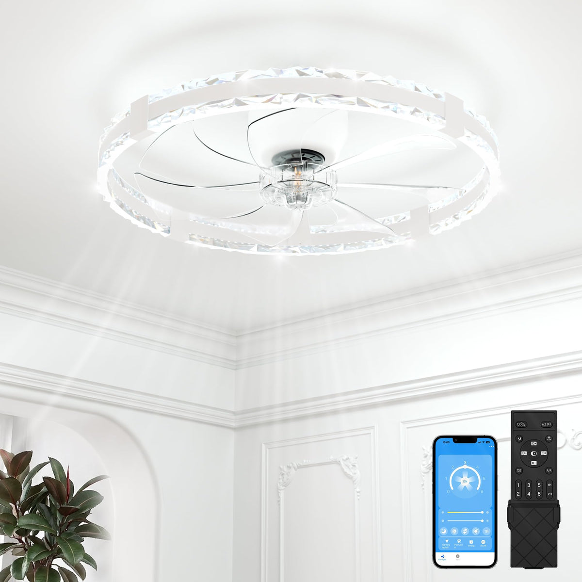 VOLISUN Low Profile Ceiling Fans with Lights and Remote, 24in Fandelier Ceiling Fans with Lights Flush Mount, Dimmable Bladeless LED Ceiling Fan Light, White Modern Ceiling Fan Light for Bedroom