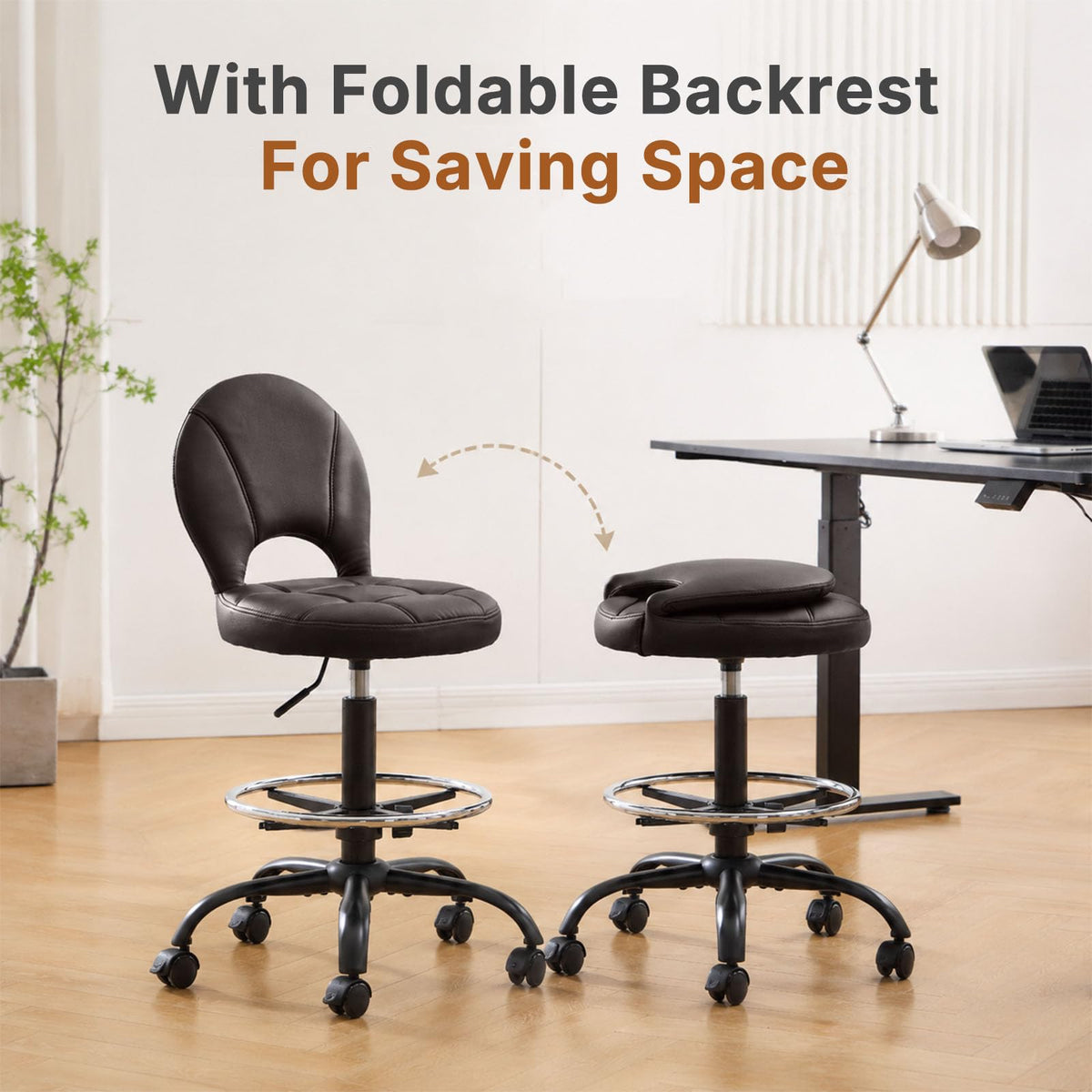 Manyday Drafting Chair with Folding Back | Comfy Office Chair with Wheels, 31.1" to 37.4", Dark Brown