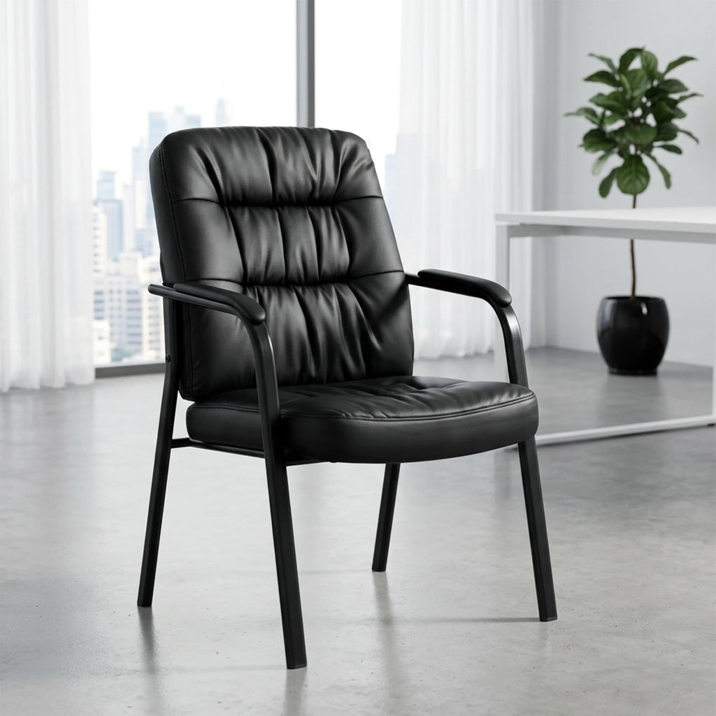 Simple Deluxe Office Waiting Room Guest Chair, Office Reception Lobby Pu Leather Chair No Wheels with Padded Armrest, Black