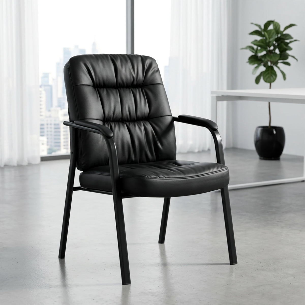 Simple Deluxe Office Waiting Room Guest Chair, Office Reception Lobby Pu Leather Chair No Wheels with Padded Armrest, Black