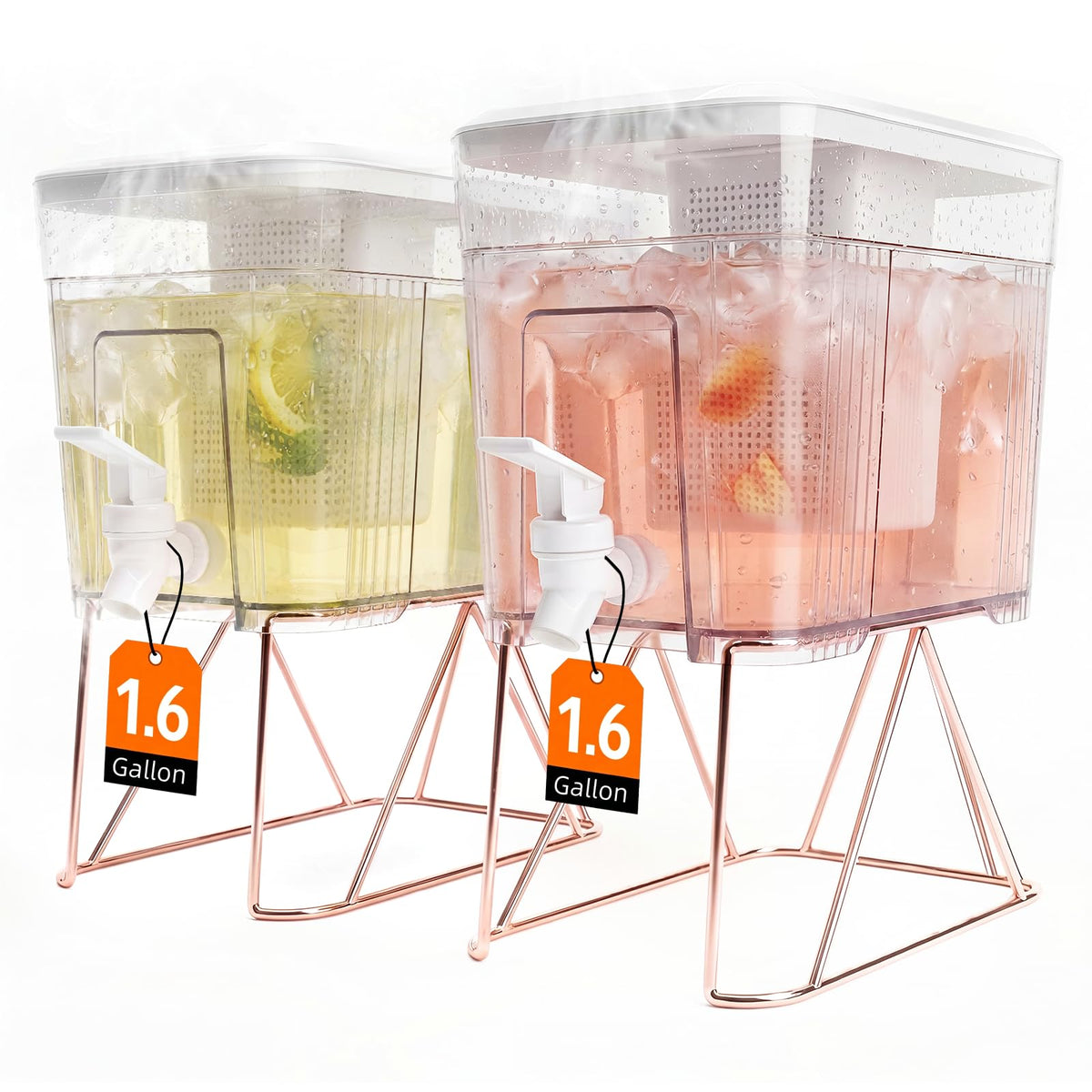 1.6 Gallon 2Pcs Drink Dispensers for Parties,6L Plastic Beverage Container With Stand & Fruit Infuser, Leak-Proof Faucet,for Weddings, BBQs, Lemonade, Sun Tea, Juice and Cold Drinks