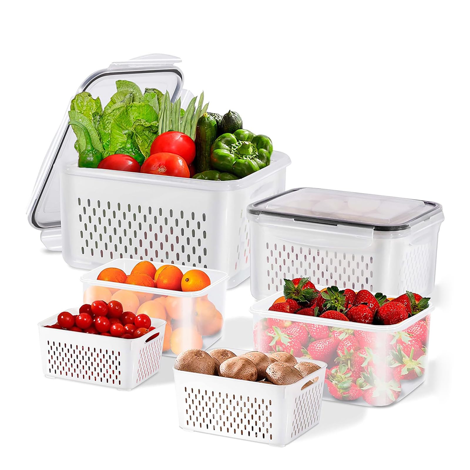 3pcs 4 in 1 Fruit Containers for Fridge with Removable Colanders and Lids, Airtight Storage Container to Keep Fruits, Vegetables, Berry, Meat Fresh Longer, Dishwasher & Microwave Safe