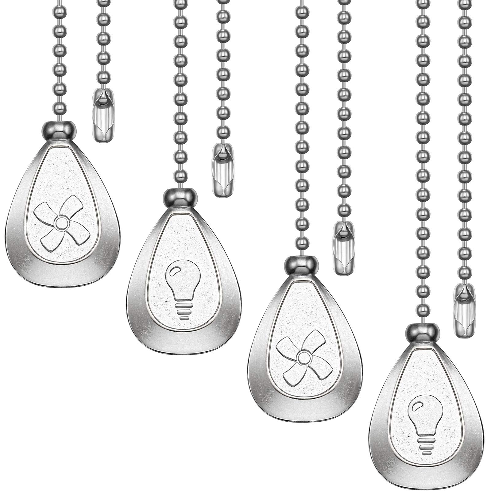 Patelai 4 Pieces Ceiling Fan Pull Chain Extender Ornament 12 Inch Ceiling Pull Chain Extension Classic Drop Shaped Pendant Beaded Ball Cord for Fan light lamp decorative with Connector(Silver)