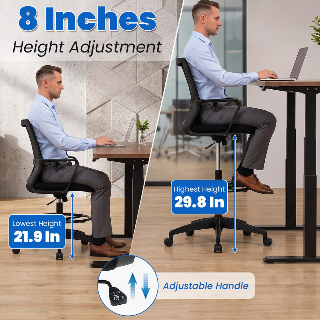 Bestoffice Drafting Chair Tall Office Chair Adjustable Swivel Rolling Mesh Height with Lumbar Support Arms Footrest Mid Back for Adults
