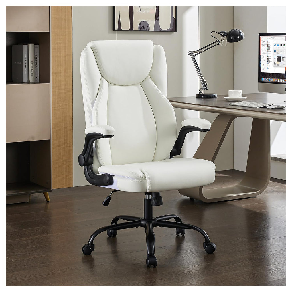 Amseatec Office Chair, Big and Tall 400 Lbs Ergonomic Home Computer Desk Leather Chair with Padded Flip Arms, Adjustable Tilt Lock, Double