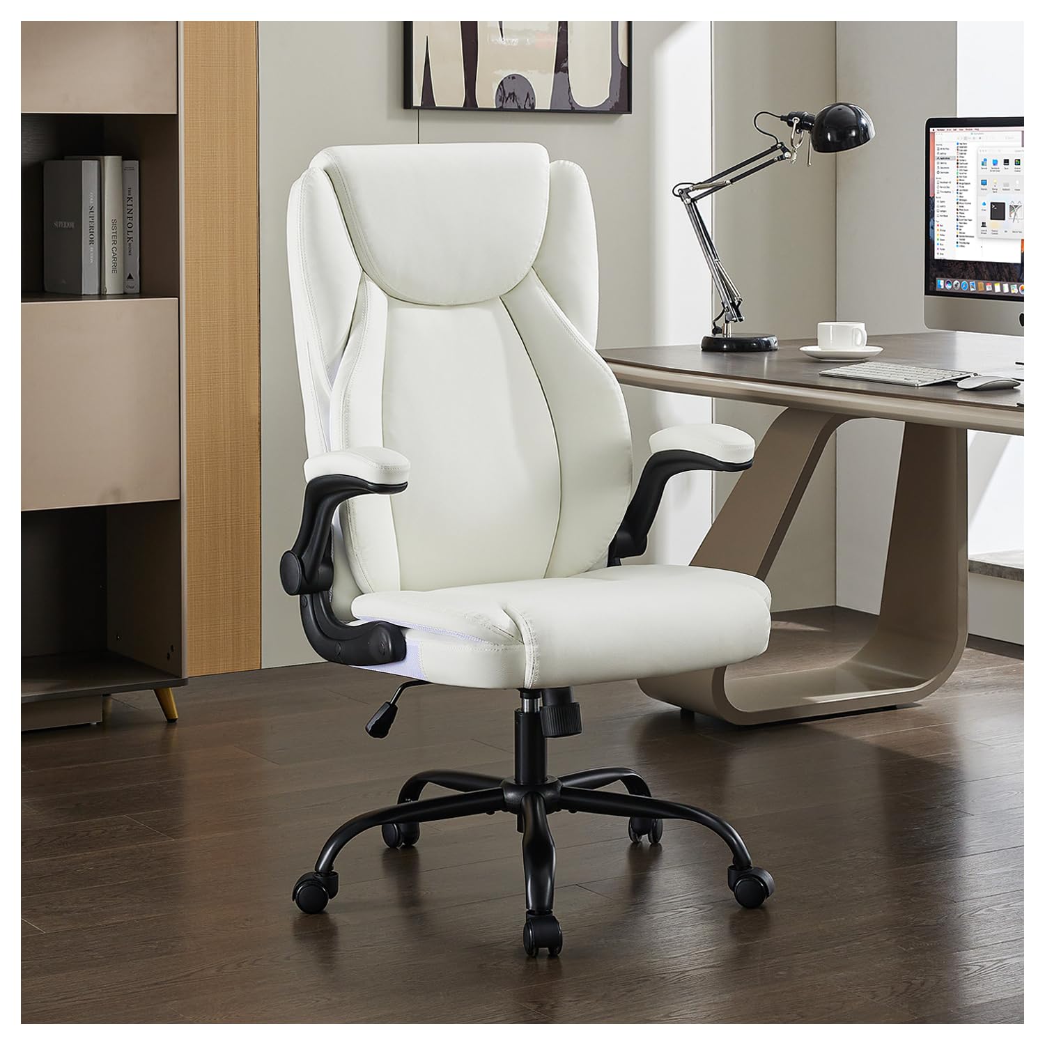 Amseatec Office Chair, Big and Tall 400 Lbs Ergonomic Home Computer Desk Leather Chair with Padded Flip Arms, Adjustable Tilt Lock, Double