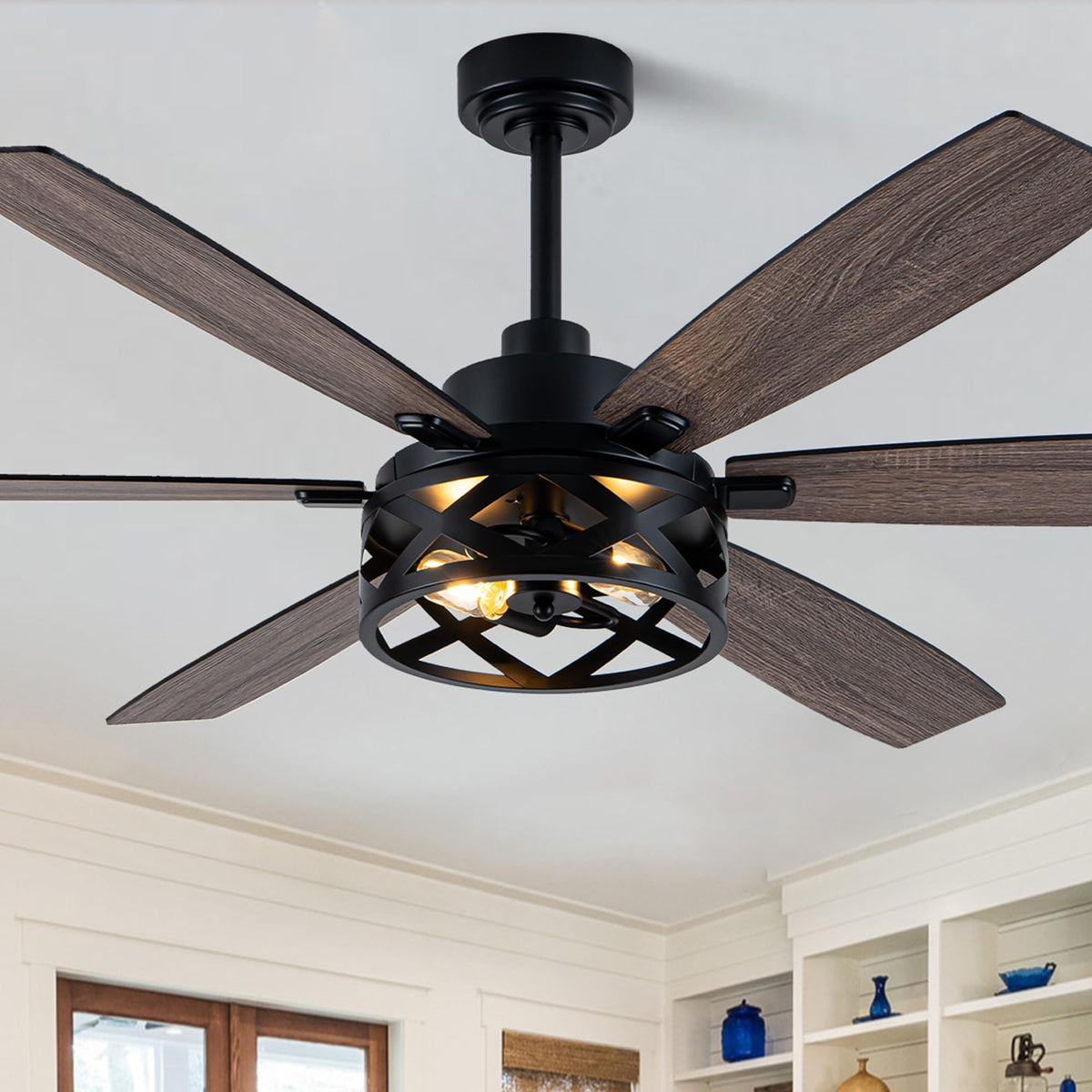 60" Large Ceiling Fan with Lights, Farmhouse Rustic Ceiling Fan with Remote Control,6 Speeds,Reversible DC Motor, 6 Double-Finish Wood Blades,Caged Ceiling Fan for Living Room/Dining Room/Bedroom