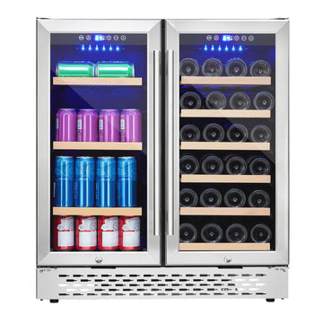 Vossfamul Wine and Beverage Refrigerator Cooler, Dual Zone Wine Fridge, Lockable Digital Temp Control Wine Cabinet, Built-In or Freestanding Wine Cellar, 28 Bottles 80 Cans