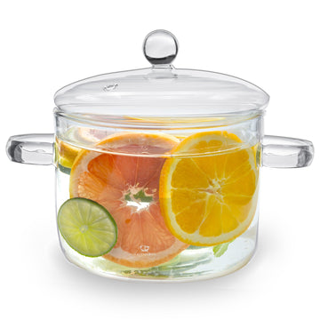 Crystalbru 2L Clear Glass Simmer Pot with Lid & Strainer | Heat-Resistant Borosilicate Glass Pot for Potpourri | Simmer Pot for Home Fragrance | Glass Pots for Cooking on Stove | Anti-Scald Handles