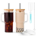 JunVpic 24oz Ribbed Glass Tumbler with Straw and Lid,Glass Cups with Handle,Stainless Steel Straws & Cleaning Brushes – Iced Coffee Cup for Smoothies, Tea, and Gifts, Set of 2