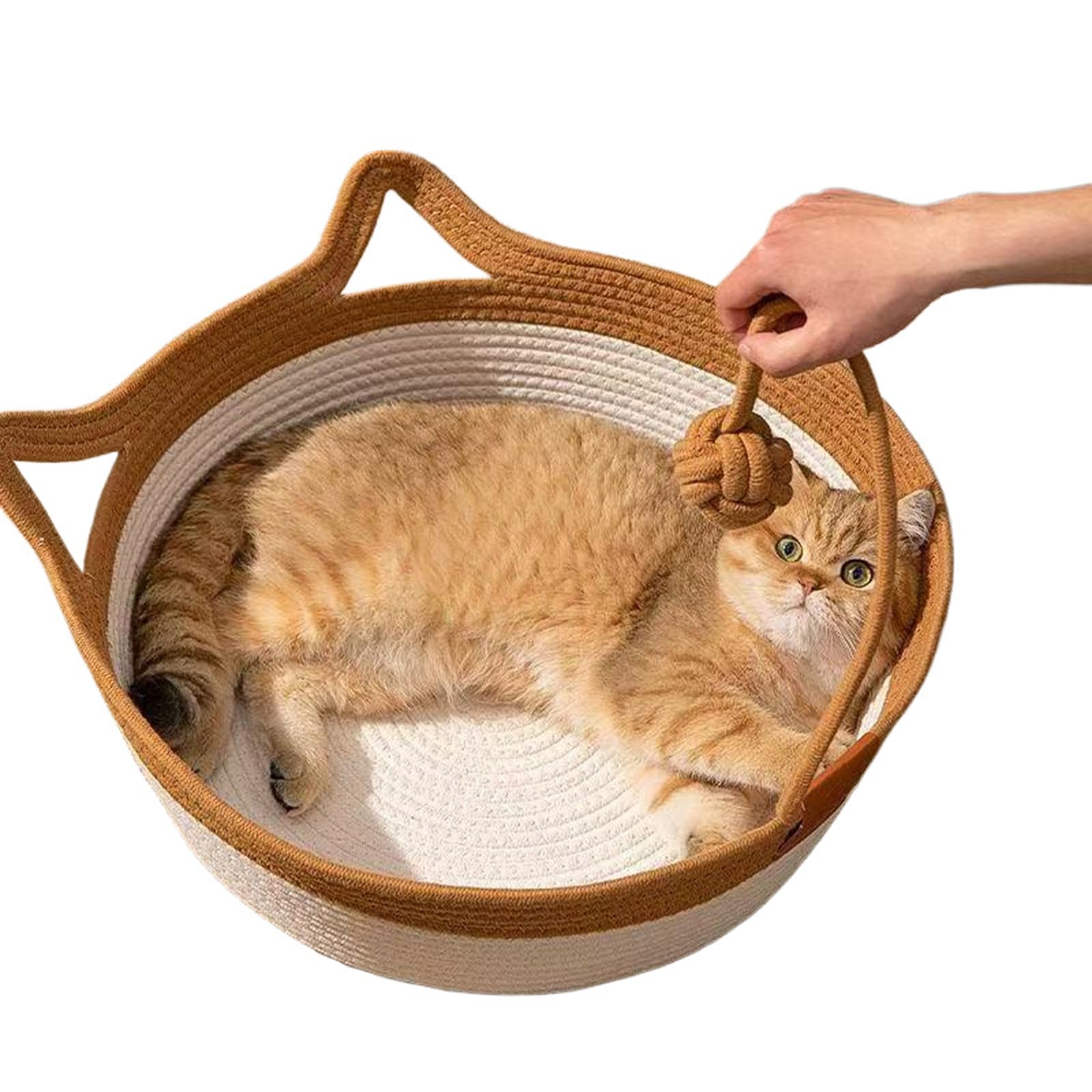 Handwoven Cotton Rope Cat Bed - Breathable & Easy to Clean, Foldable Scratchable Hammock with Cat Ear Design, with a Playing Ball for Kittens - Large Brown