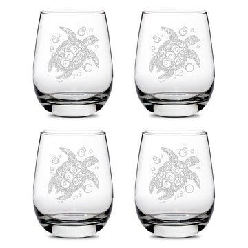 Integrity Bottles Tribal Sea Turtle Design, (Set of 4) Stemless Wine Glass, Handmade, Handblown, Hand Etched Gifts, Sand Carved, 16oz