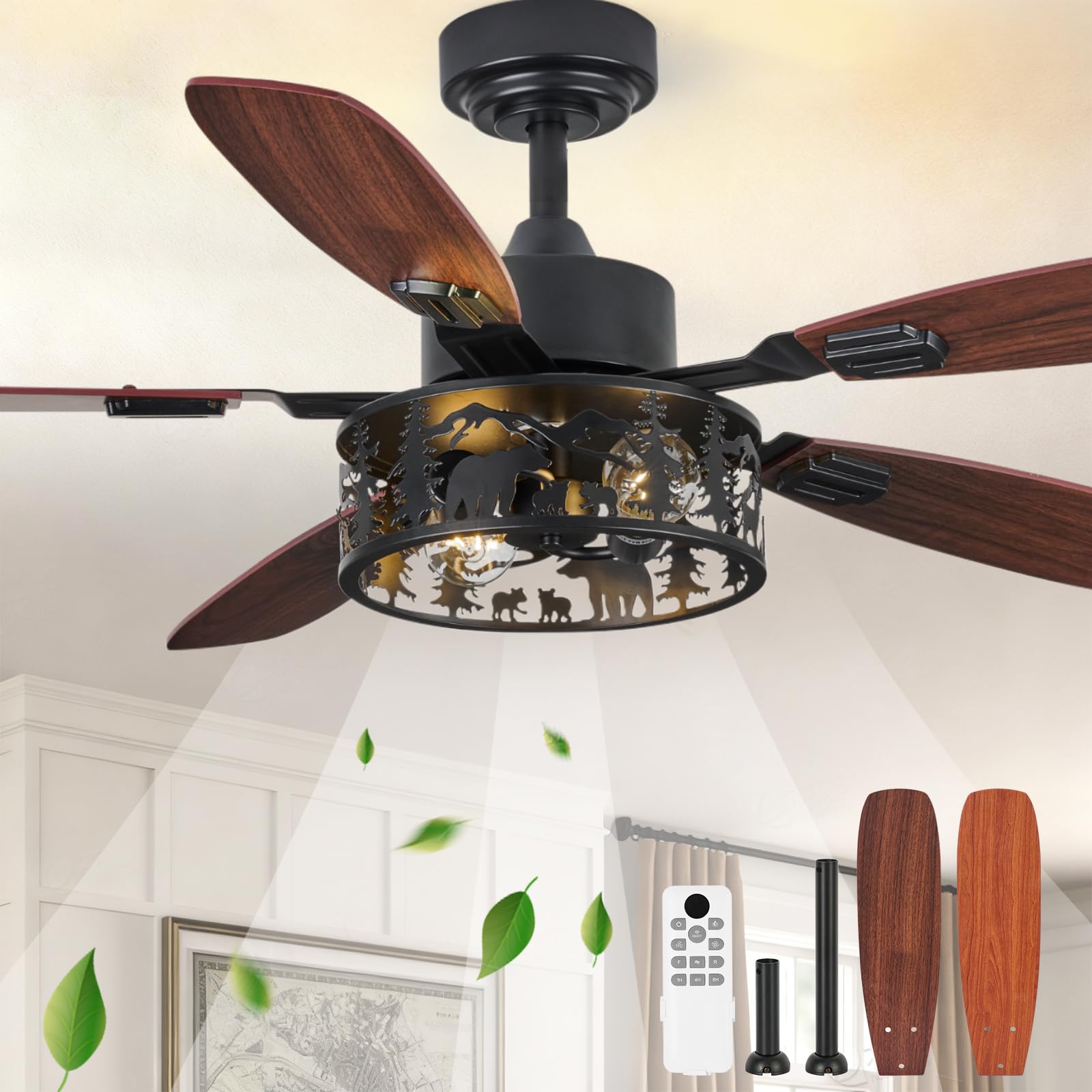 52 inch Farmhouse Rustic Ceiling Fan with Light-Deer Bear Style, Timer Quiet 6 Speed Reversible Motor Wooden Blades Ceiling Fans Lights Remote Control for Living Room, Bedroom, Kitchen