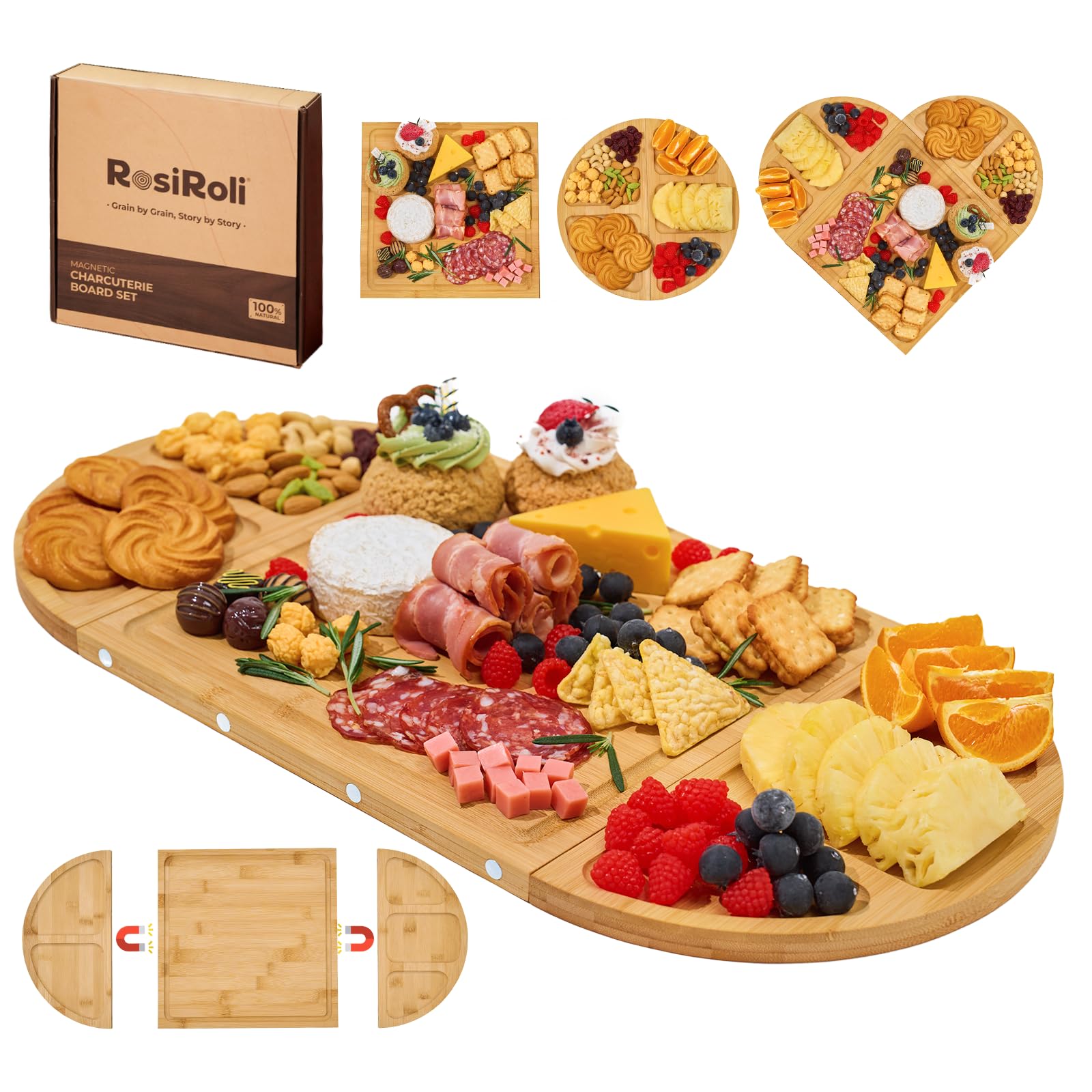 Charcuterie Board and Serving Set -Natural Bamboo Cheese Board Snack Tray Set with Magnetic - House Warming Gifts New Home, Wedding Gift, Bridal Shower Gift, Gifts for Mom & Women