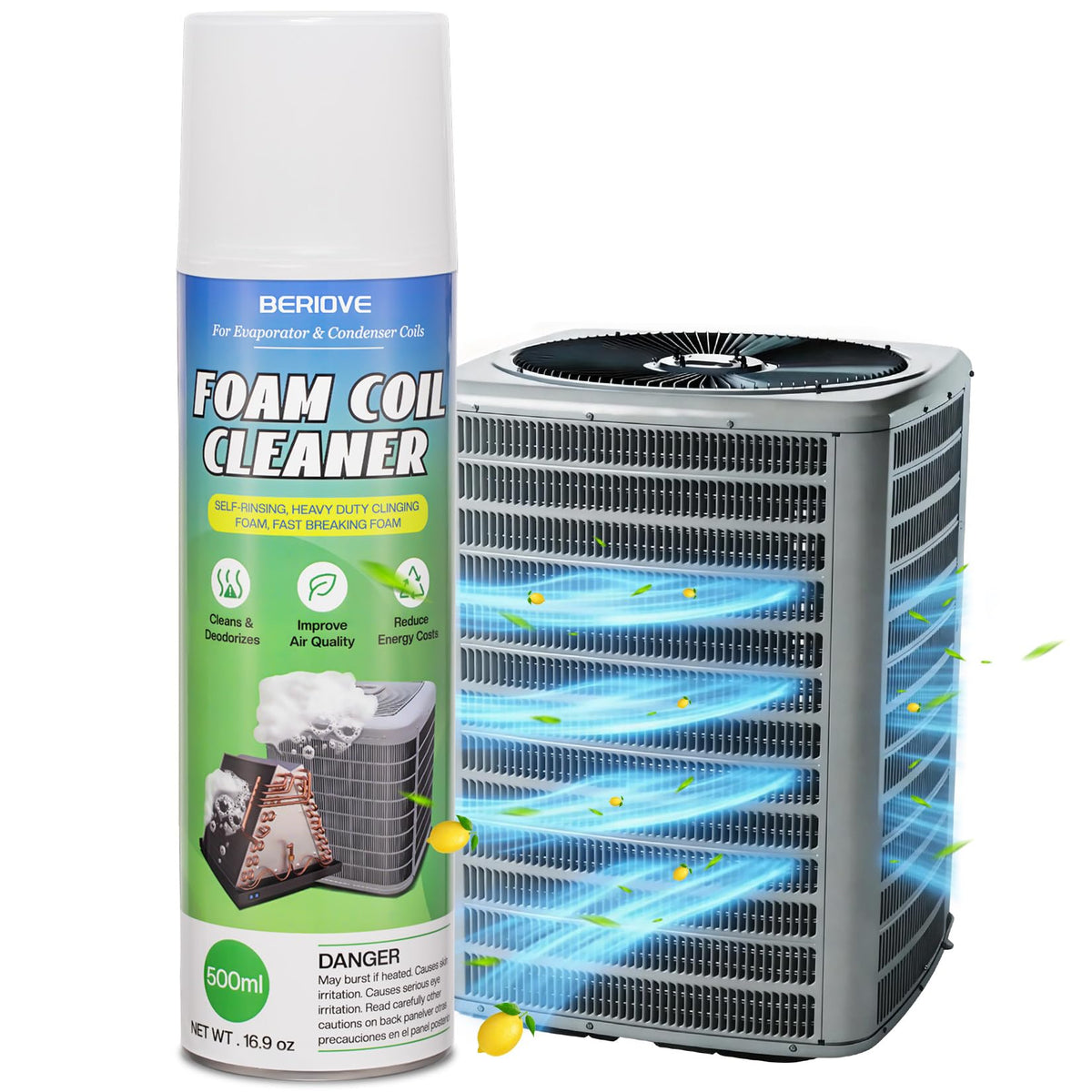 BERlOVE Foaming AC Coil Cleaner: Heavy Duty HVAC Spray for Condenser & Evaporator Coils, Professional Strength for Maintenance Technicians & DIY Use 460g