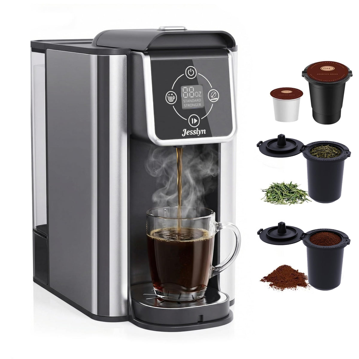 Jesslyn 3-in-1 Single Serve Coffee Maker, Compatible with K-Cup Pods, Ground Coffee & Loose Leaf Tea, Coffee Machine with 50oz Removable Water Reservoir, 6-10oz Brew Sizes, Fast Brewing(Black)