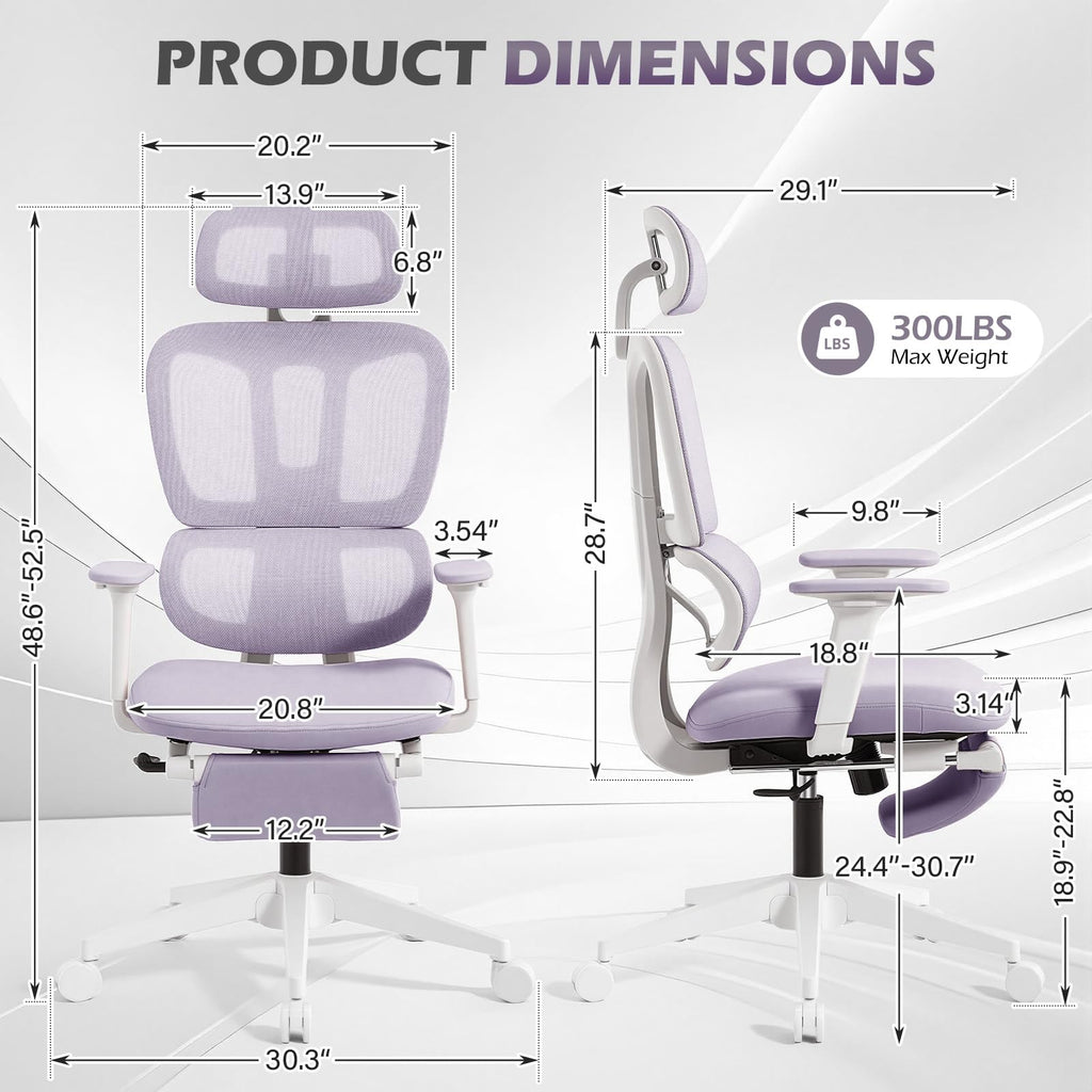 Ergonomic Office Chair with Footrest and Dynamic Lumbar Support, Purple, High Back