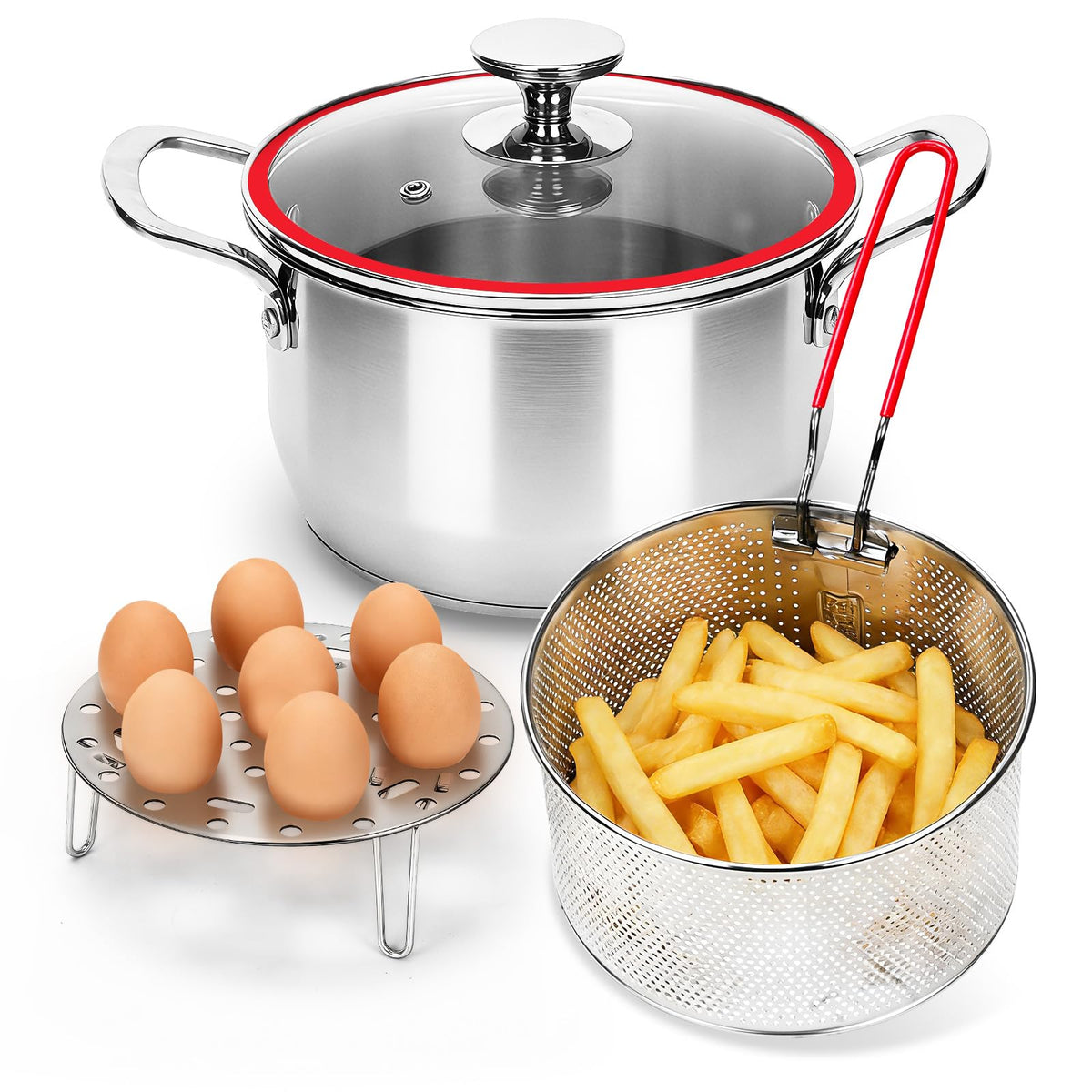 Deep Fryer Pot with Basket, Cooking Pot with Strainer Basket, 4.0L/4.2QT Multi-function Pot with Anti-scald Handle, Egg Steamer Rack & Lid, Stainless Steel Cookware for Home Kitchen Outdoor Camping