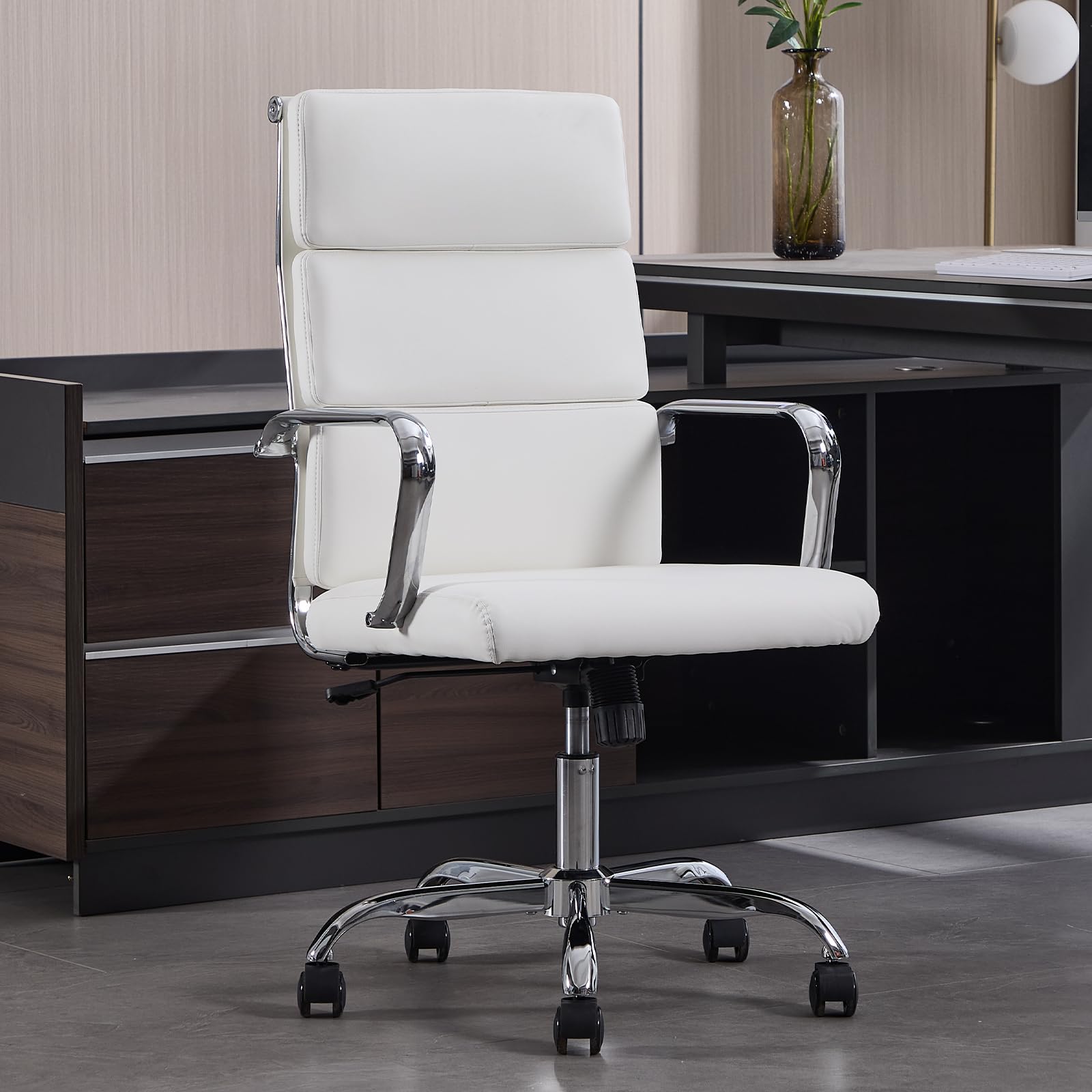 Haranuo Office Chair, Ergonomic Executive Conference Room Chairs, Ribbed Leather Desk Chair with Lumbar Support, Adjustable Height Mid-back