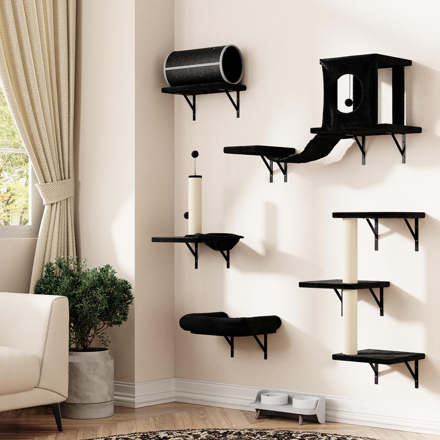 NUNU LAB 7-in-1 Cat Wall Shelves, Wall Mounted Cat Climber Set, Cat Furniture with House, Tunnel, Bridge, Steps, Scratcher, Hammock, Shelves for Indoor, Black