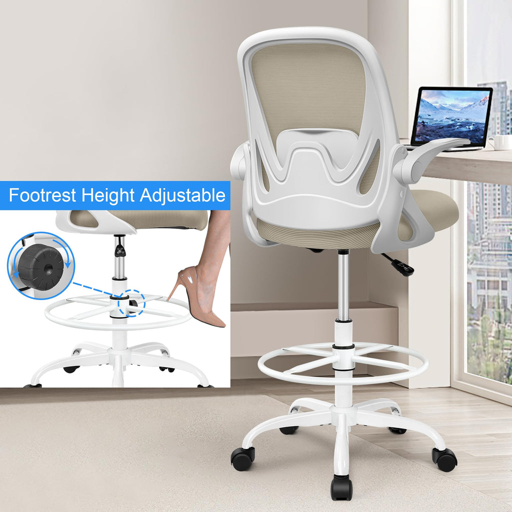 Drafting Chair Tall Office Chair with Flip-up Armrests, Adjustable Height, and Enhanced Lumbar Support - Ergonomic Rolling Stool, Back Support,