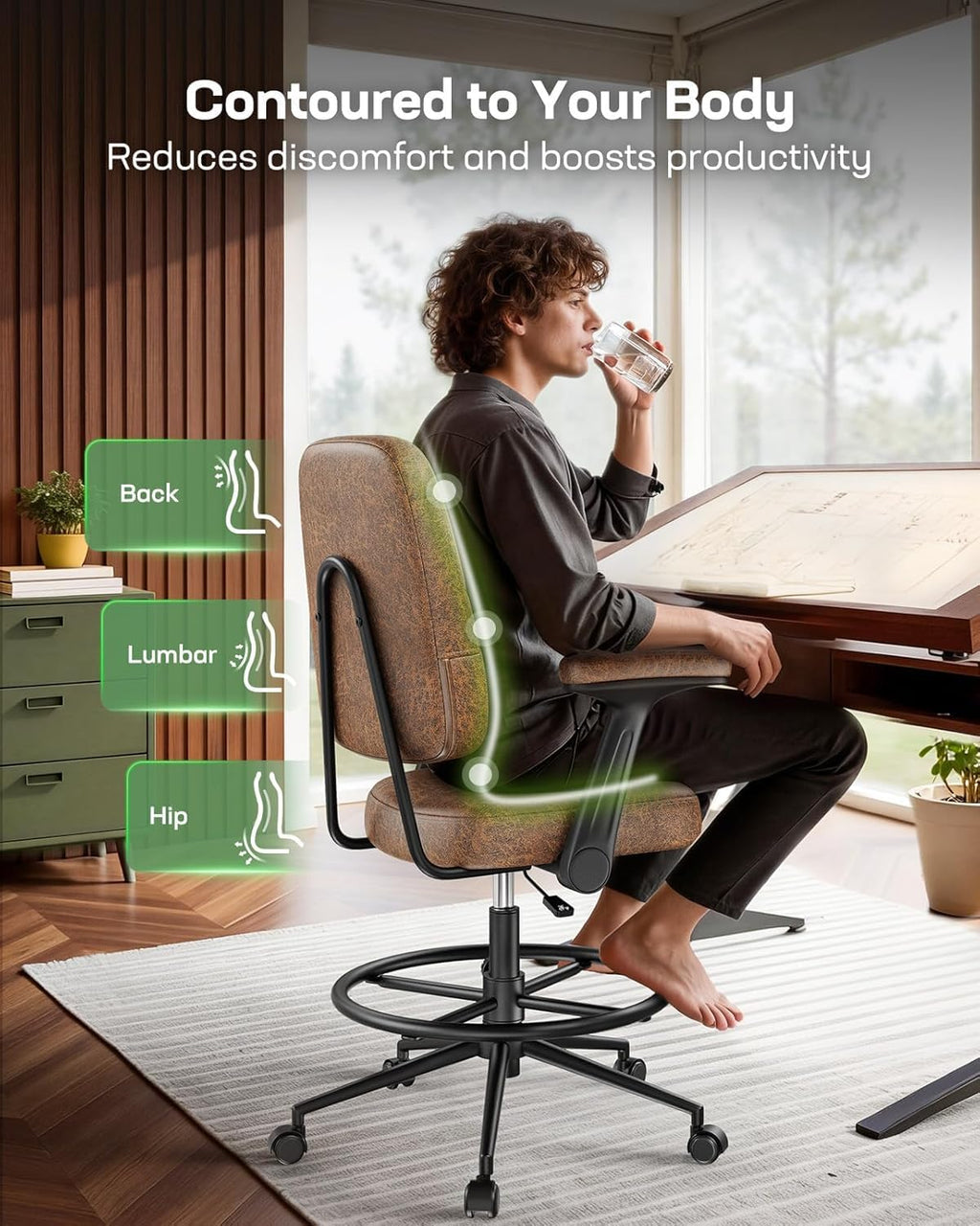Marsail Drafting Chair with Flip-up Armrests and Footrest, Ergonomic Tall Office Chair, Height Adjustable High Chair, Brown Leather Seat with