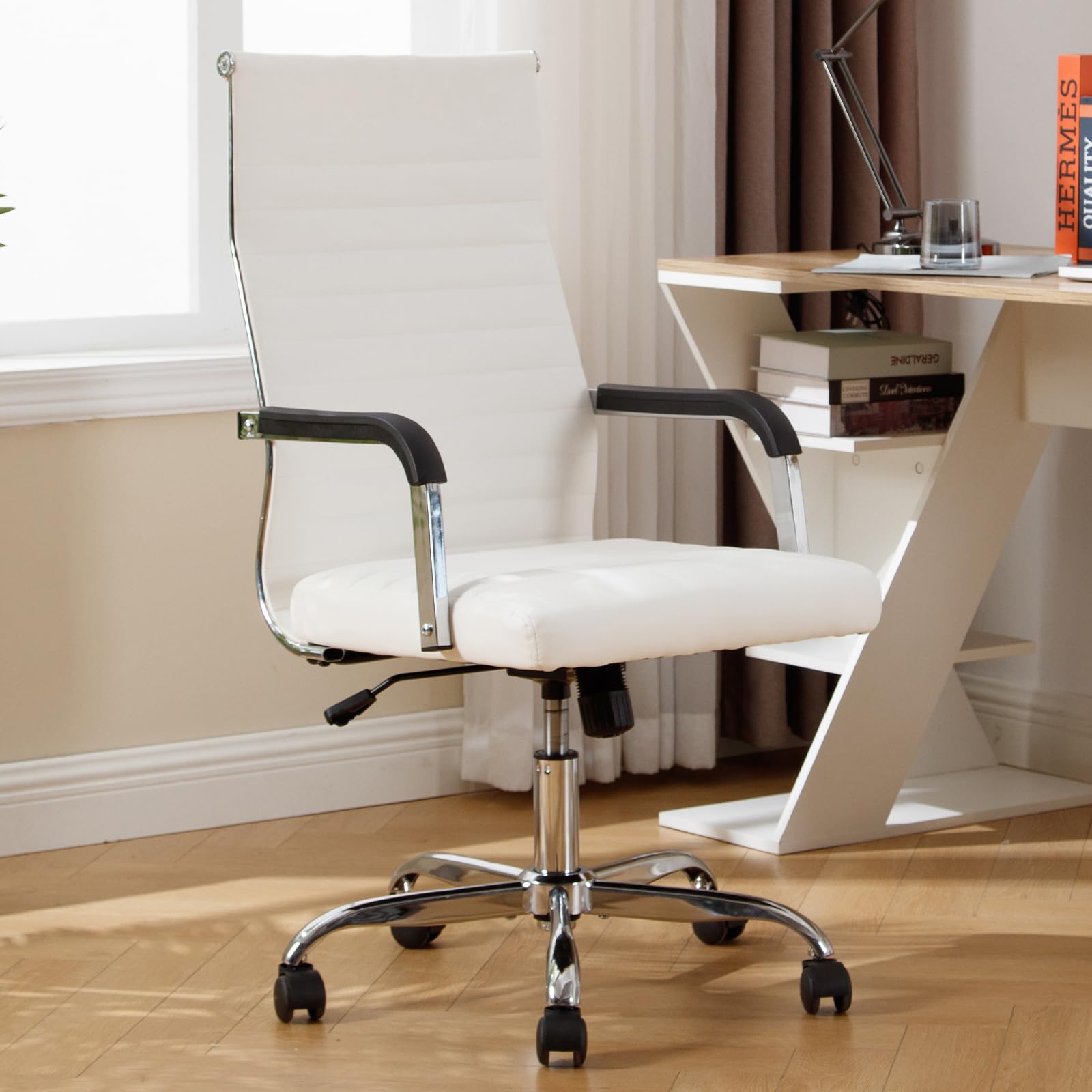 Haranuo Office Chair, Ergonomic Executive Conference Room Chairs, Ribbed Leather Desk Chair with Lumbar Support, Adjustable Height Mid-back