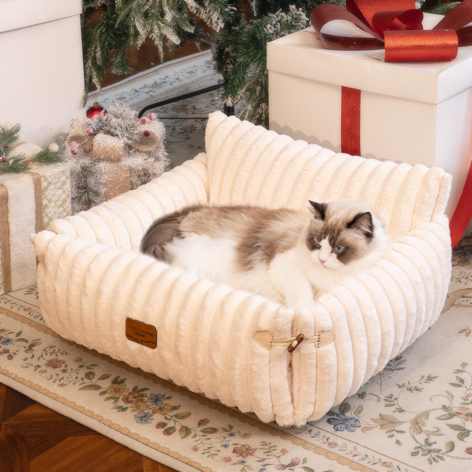 CHEERPALS Cat Couch Bed for Indoor Cats Fluffy Cat Sofa Recliner with Removable Washable Cover Cute Pet Lounge Suitable for Puppy Kitten (Off-White)