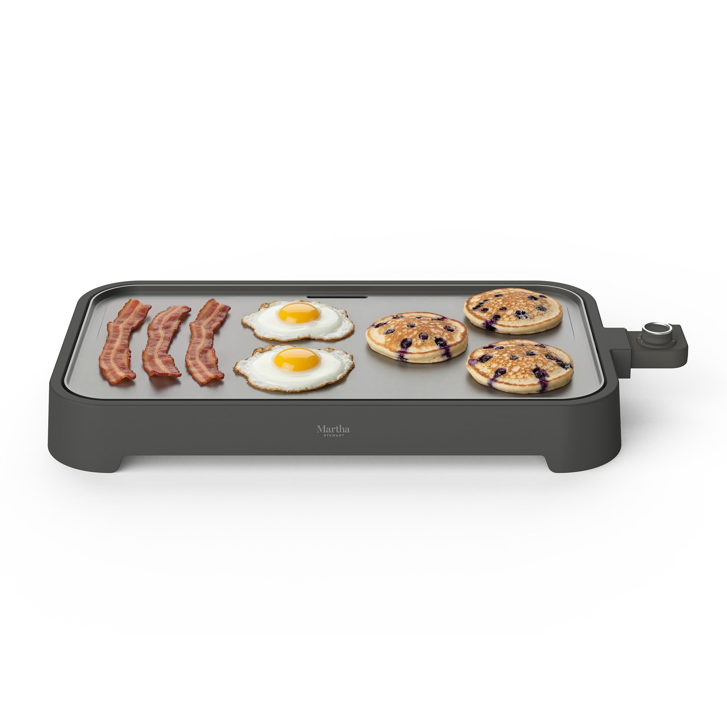 Martha Stewart 12” x 22” Electric Griddle, XL Ceramic Nonstick?Flat Top Cooking Surface, Adjustable Temperature Dial, Drip Tray, Dishwasher Safe, 1500W Fast Even Heating, Pancakes & Eggs, Caviar Gray